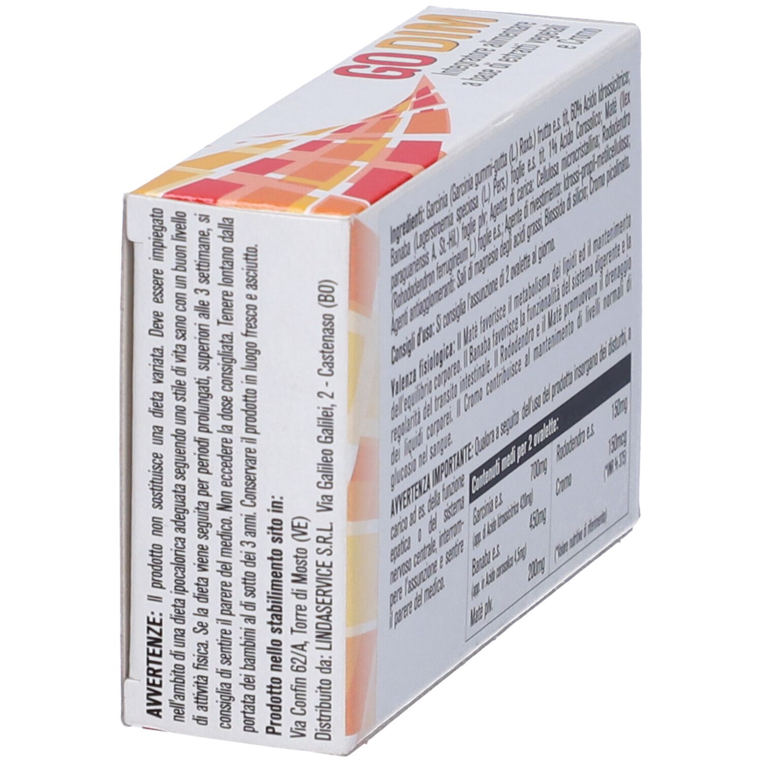 Scatola bianca con logo GO DIM e testo. Contiene 30 ovalette. Scritto: Integratore alimentare a base di estratti vegetali e Cromo. Ingredienti sul retro.