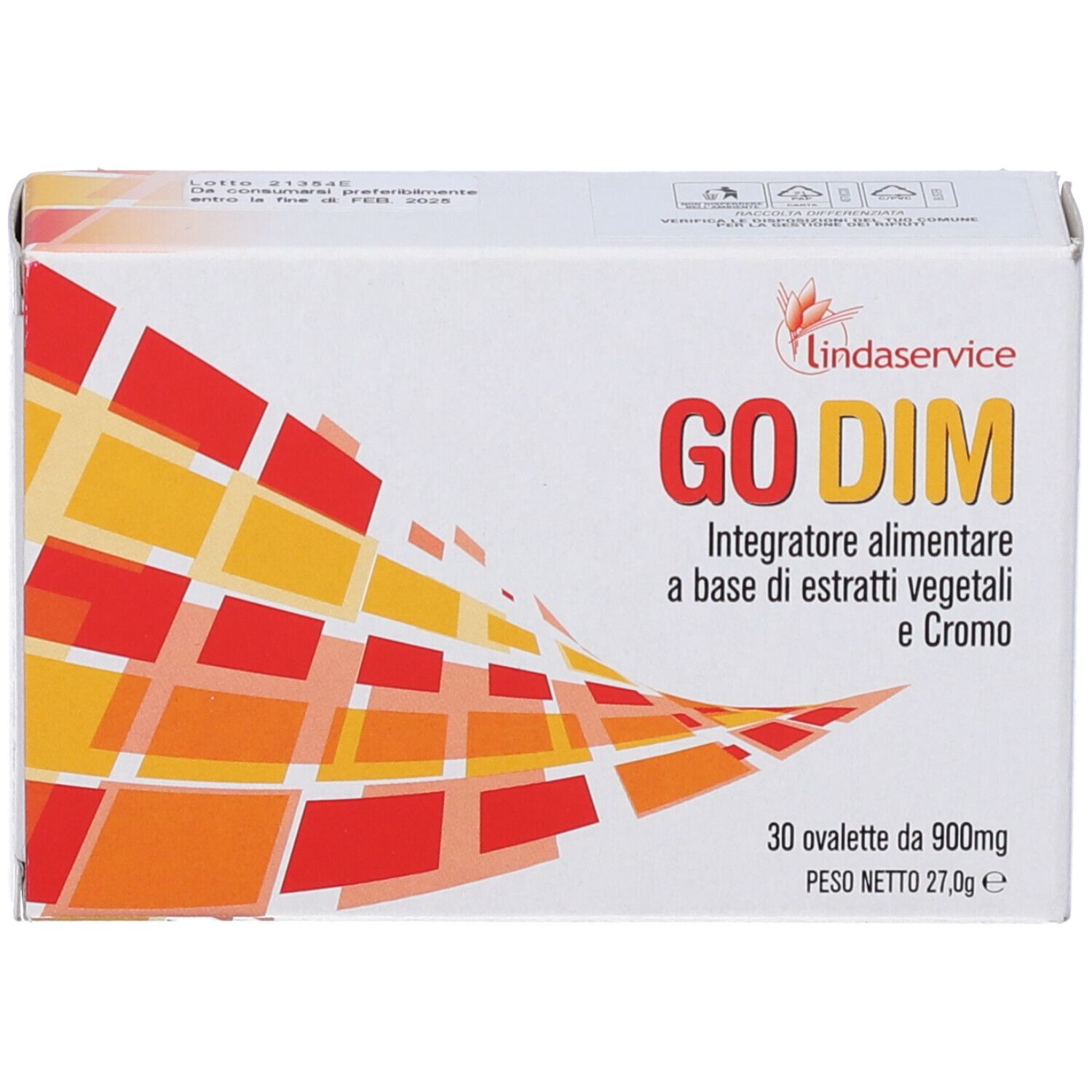 Scatola bianca con logo GO DIM e testo. Contiene 30 ovalette. Scritto: Integratore alimentare a base di estratti vegetali e Cromo.