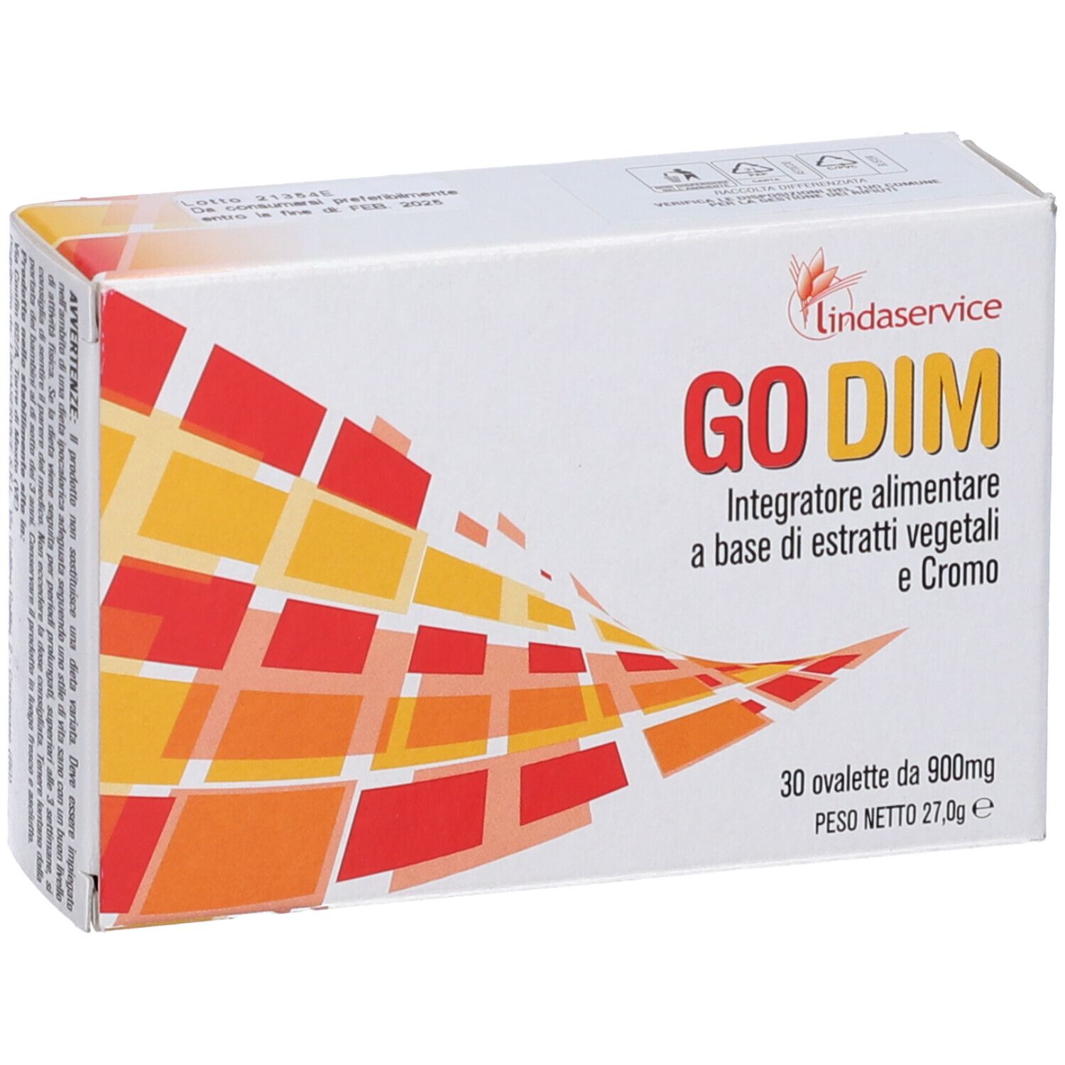 Scatola bianca con logo GO DIM e testo. Contiene 30 ovalette. Scritto: Integratore alimentare a base di estratti vegetali e Cromo.