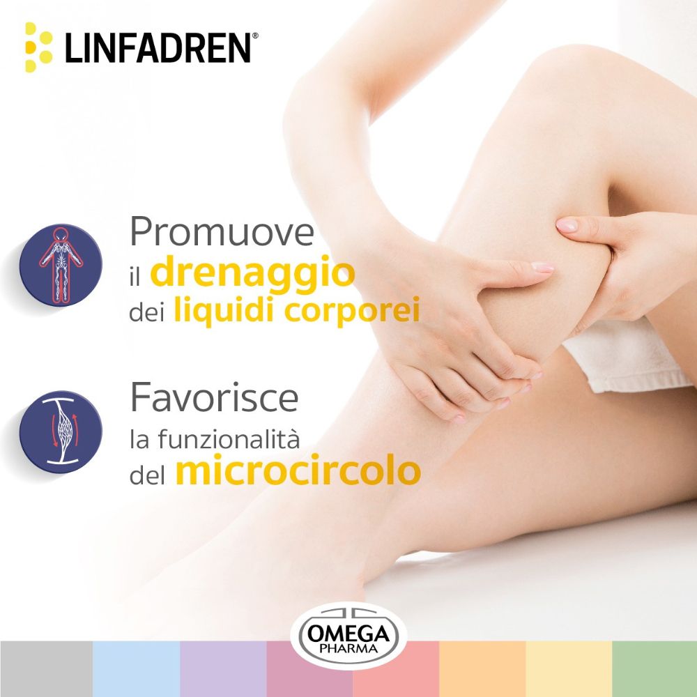 Gamba di una persona che la tocca. Testo: Promuove il drenaggio dei liquidi corporei. Favorisce la funzionalità del microcircolo.