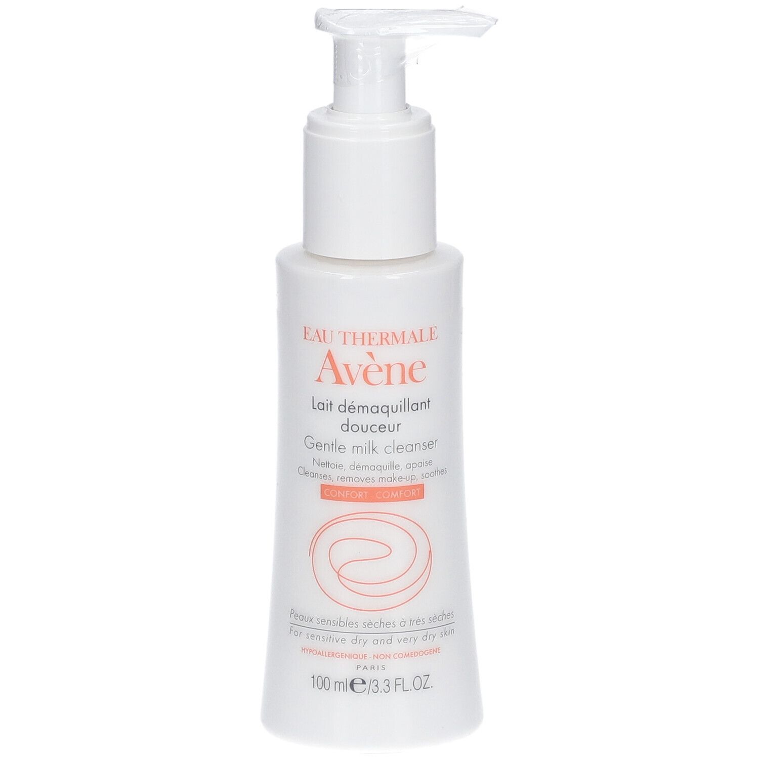 Flacone bianco con dosatore. Scritta: Eau Thermale Avène, lait démaquillant douceur, Gentle milk cleanser.