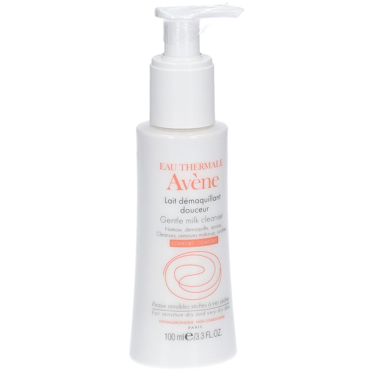 Flacone bianco con dosatore. Scritta: Eau Thermale Avène, lait démaquillant douceur, Gentle milk cleanser.