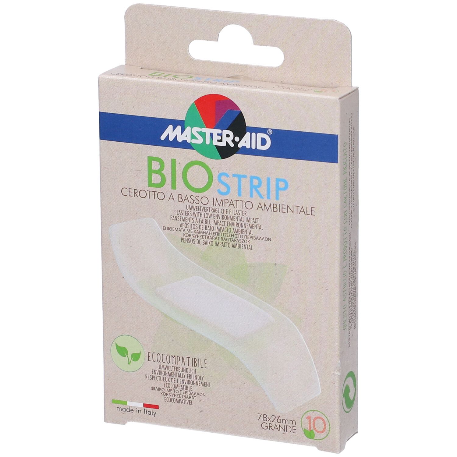 Confezione di Master-Aid Bio Strip. Scatola con immagine cerotto. Testo: Bio Strip, 78x26mm, 10 pezzi, eco-compatibile.