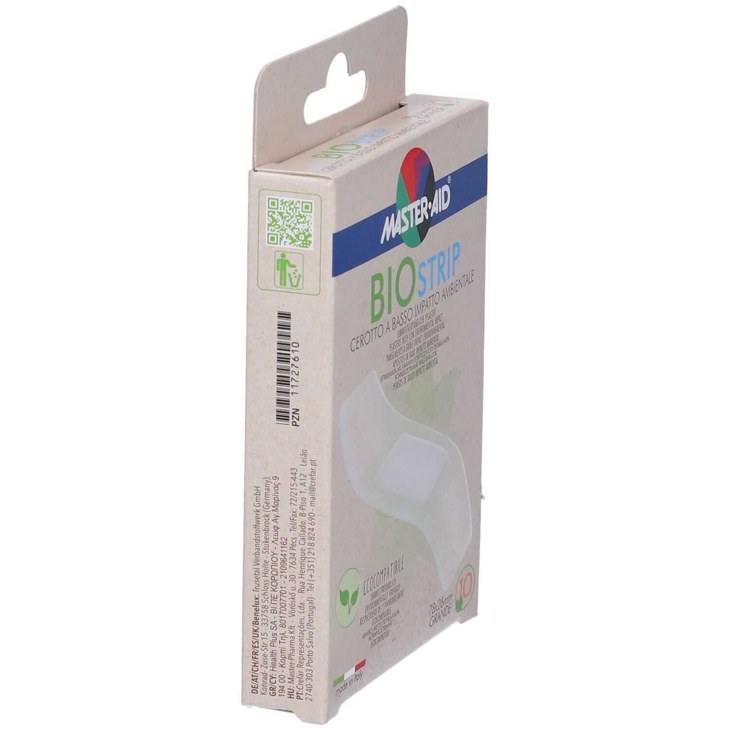 Vista laterale della confezione Master-Aid Bio Strip. Testo: Bio Strip, codice QR, eco-compatibile, 78x26mm, 10 pezzi.