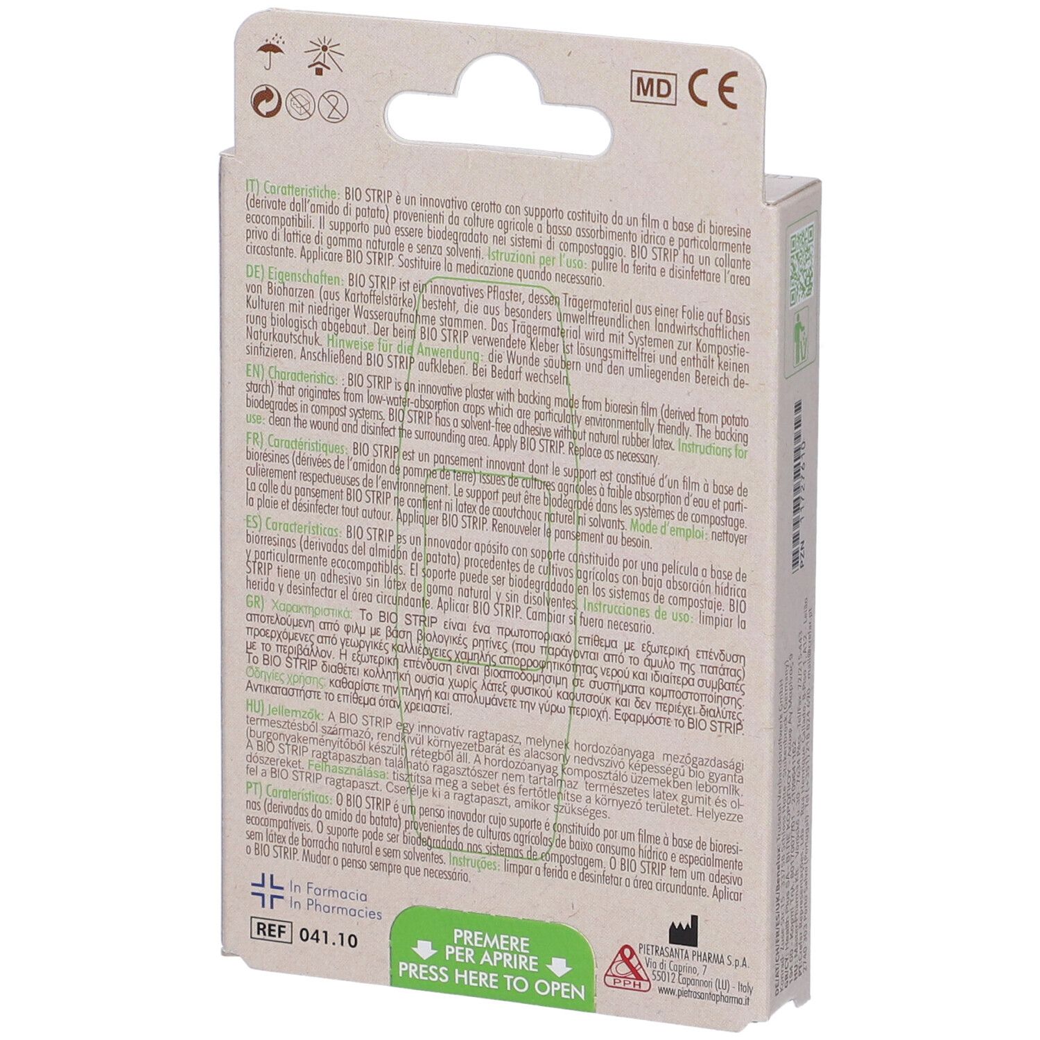 Retro della confezione Master-Aid Bio Strip. Testo multilingue. Certificazioni e informazioni.