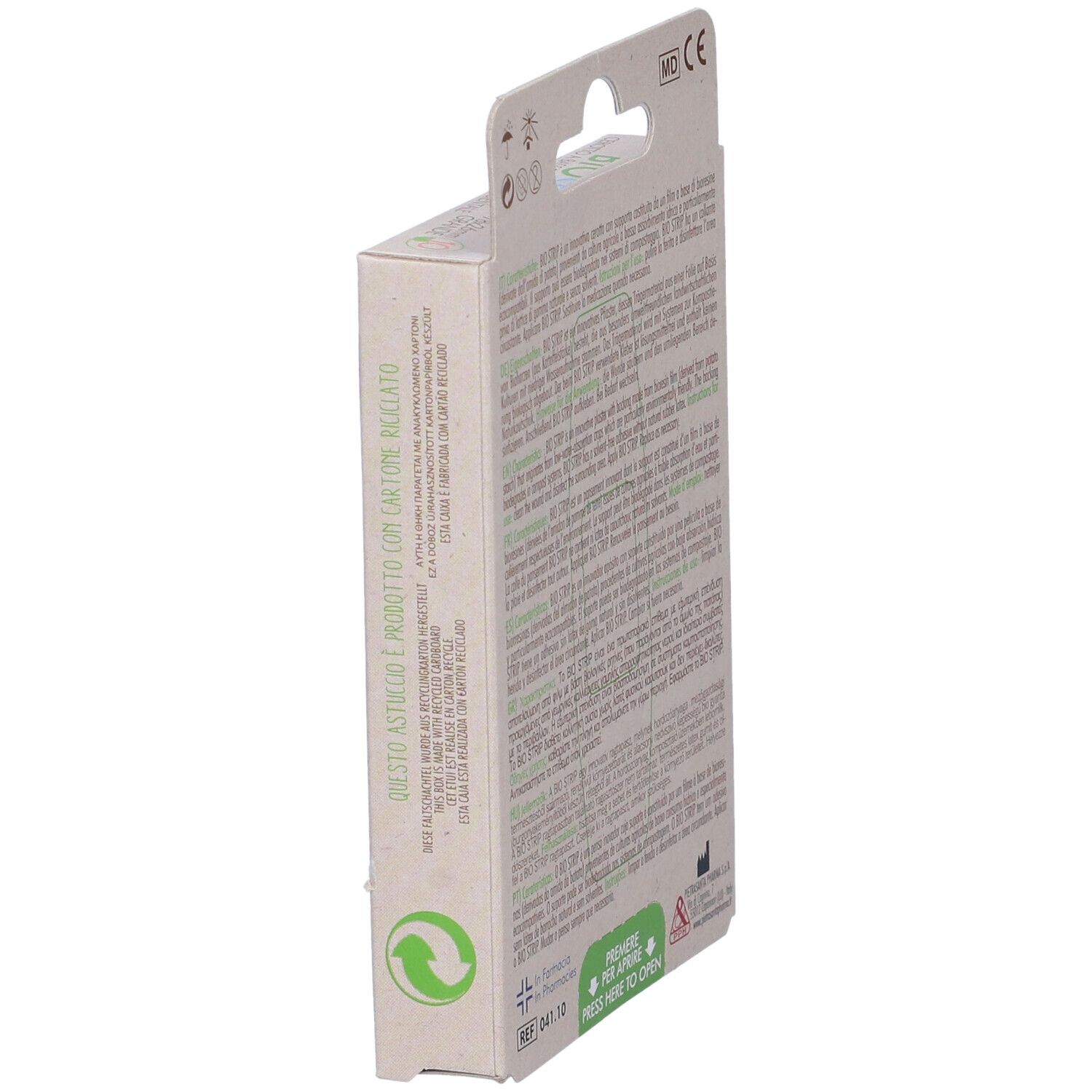 Vista laterale della confezione Master-Aid Bio Strip. Testo: eco-compatibile, informazioni sullo smaltimento.