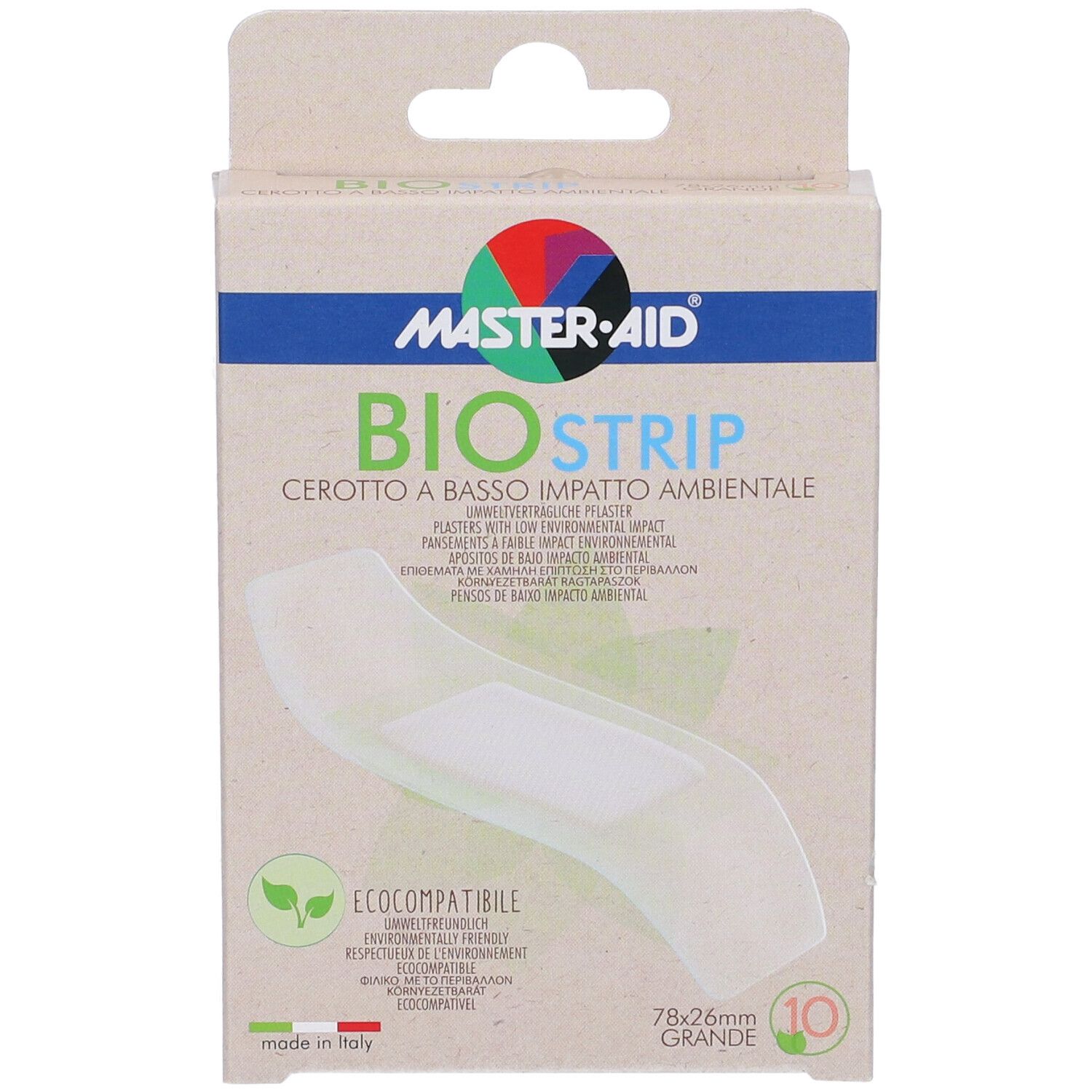 Confezione di Master-Aid Bio Strip. Scatola con immagine cerotto. Testo: Bio Strip, 78x26mm, 10 pezzi, eco-compatibile.