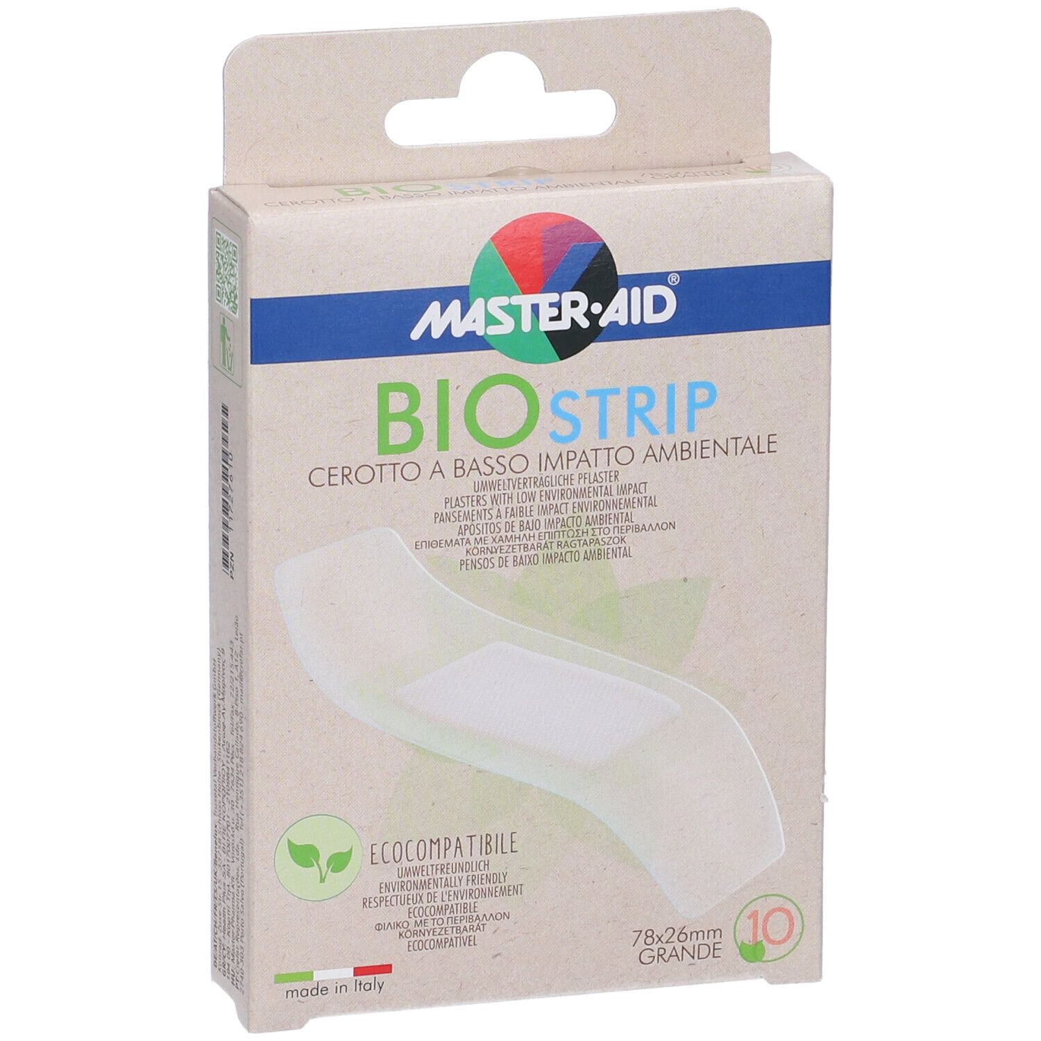 Confezione di Master-Aid Bio Strip. Scatola con immagine cerotto. Testo: Bio Strip, 78x26mm, 10 pezzi, eco-compatibile.