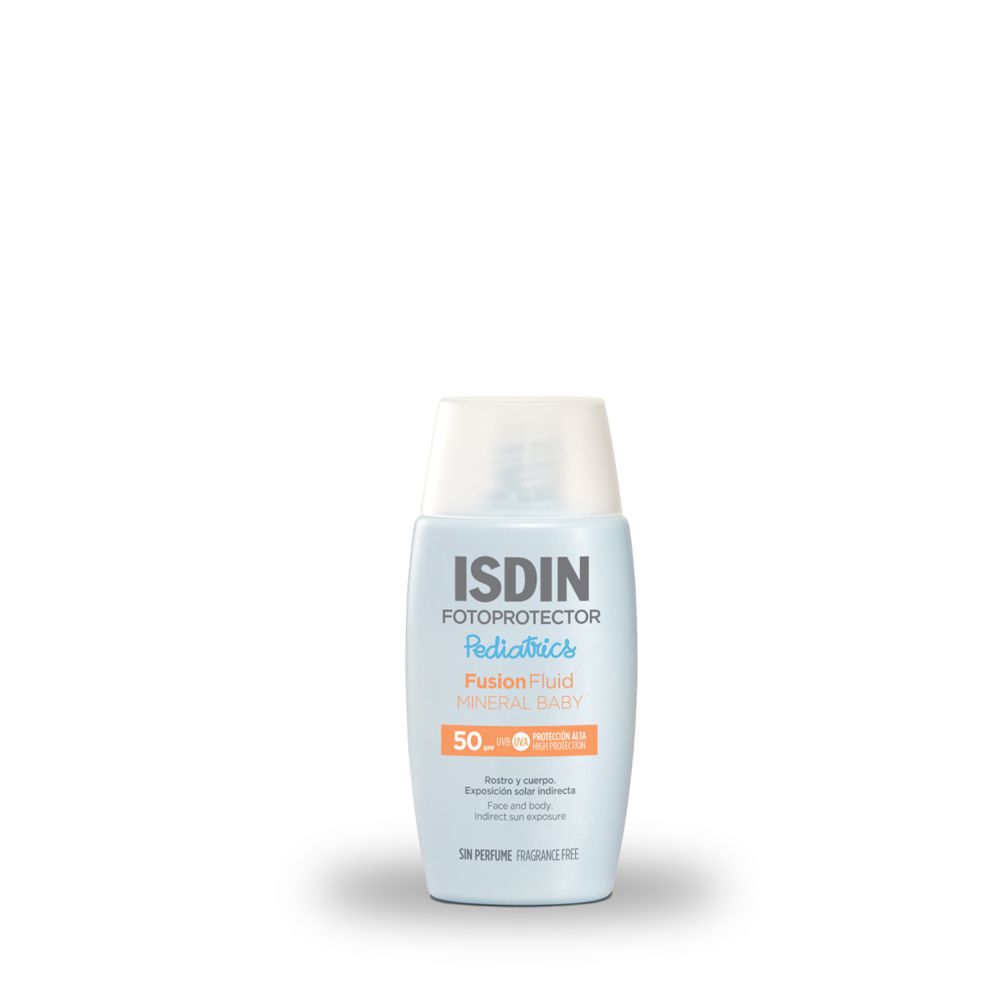 ISDIN Fotoprotector Mineral Baby Pediatrics SPF50. Flacone blu. Viso e corpo. Senza profumo. Alta protezione.