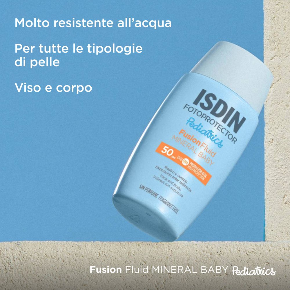 ISDIN Fotoprotector Mineral Baby Pediatrics SPF50. Flacone blu. Resistente all'acqua. Tutti i tipi di pelle. Viso e corpo.
