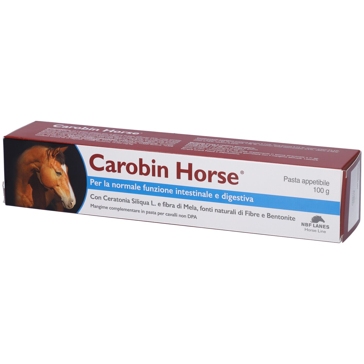 Carobin Horse Pasta Appetibile, 100 g. Per la normale funzione intestinale. Contiene Ceratonia Siliqua L., fibra di mela e bentonite.