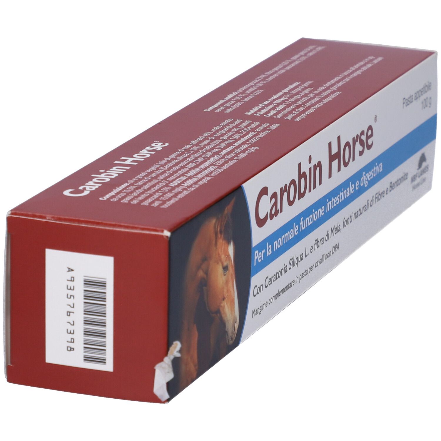 Carobin Horse Pasta Appetibile, 100 g. Scatola con informazioni e immagine di cavallo. Contiene Ceratonia Siliqua L.