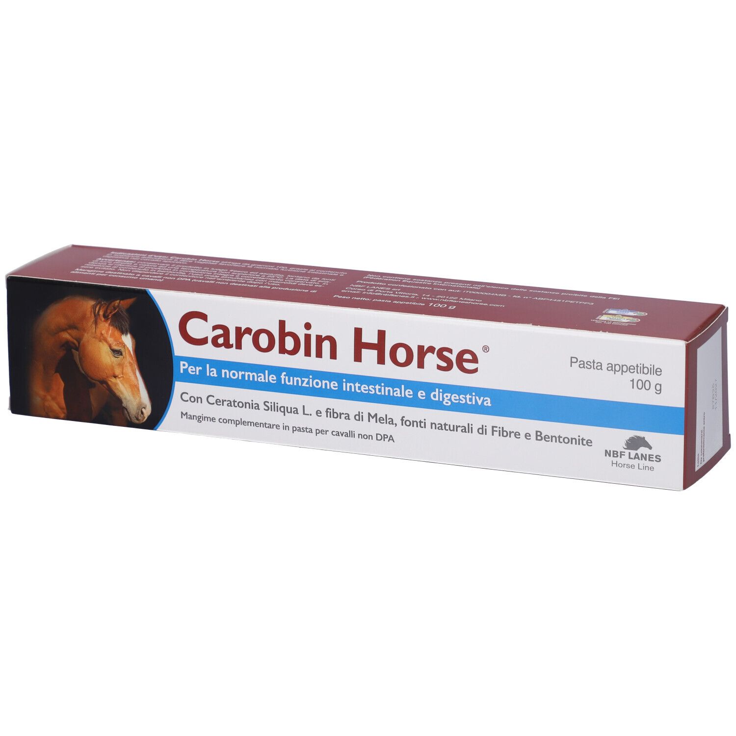 Carobin Horse Pasta Appetibile, 100 g. Scatola con informazioni e immagine di cavallo. Contiene Ceratonia Siliqua L.