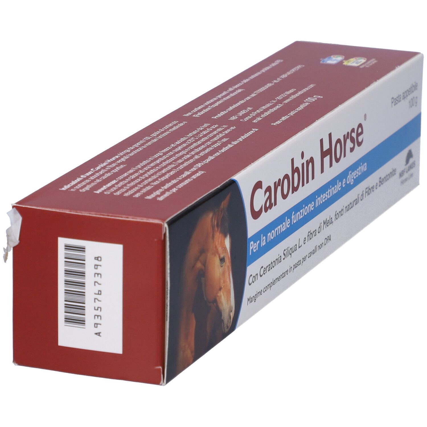 Carobin Horse Pasta Appetibile, 100 g. Scatola con informazioni e immagine di cavallo. Contiene Ceratonia Siliqua L.
