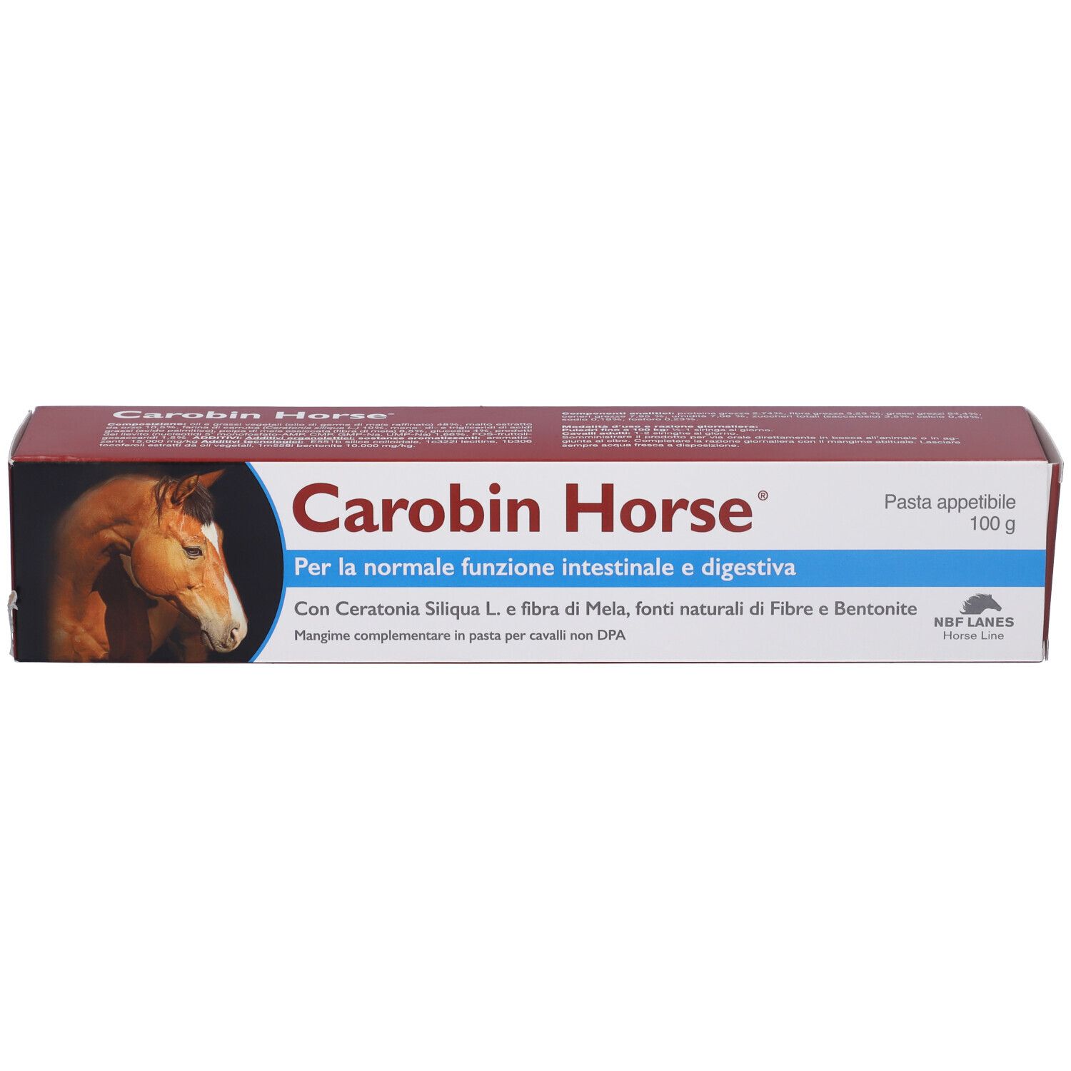 Carobin Horse Pasta Appetibile, 100 g. Scatola con informazioni e immagine di cavallo. Contiene Ceratonia Siliqua L.
