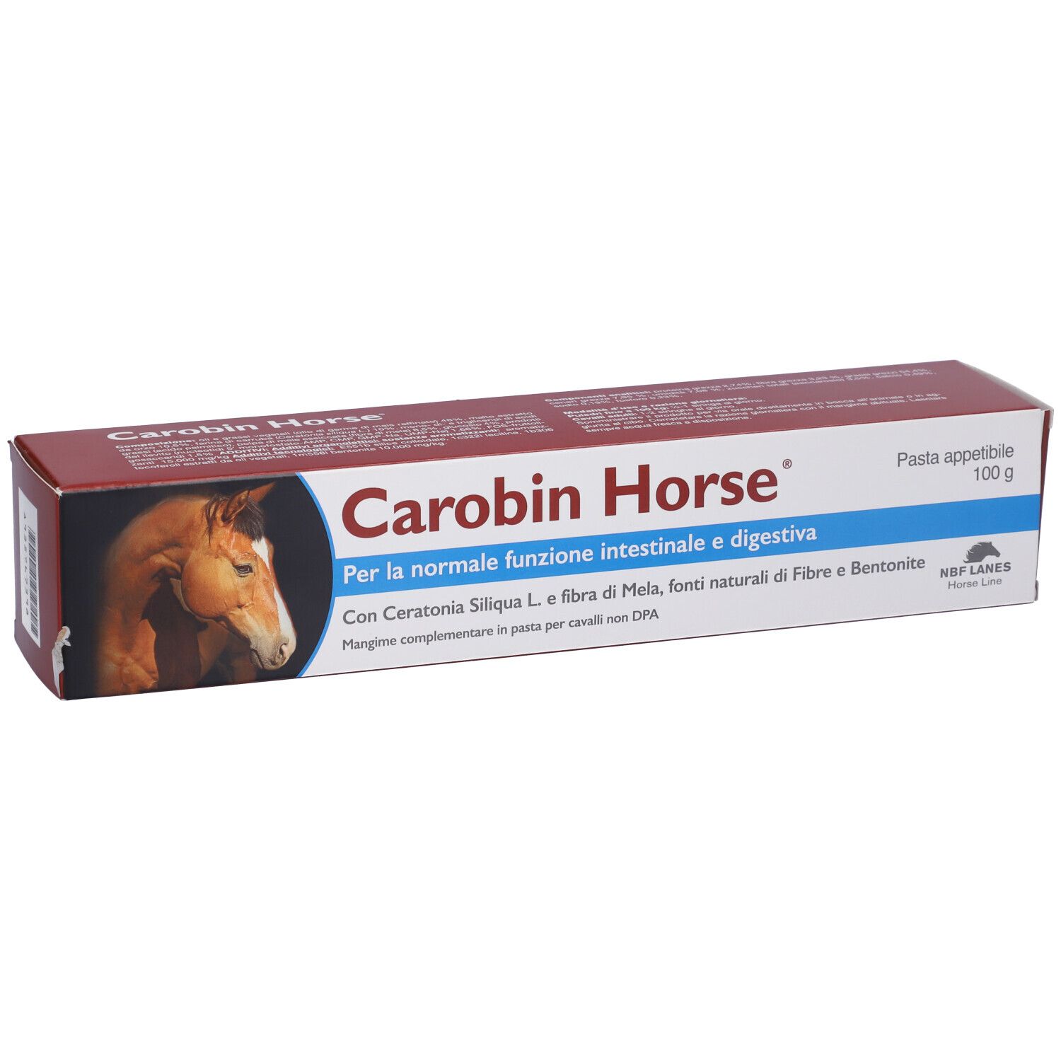 Carobin Horse Pasta Appetibile, 100 g. Scatola con informazioni e immagine di cavallo. Contiene Ceratonia Siliqua L.