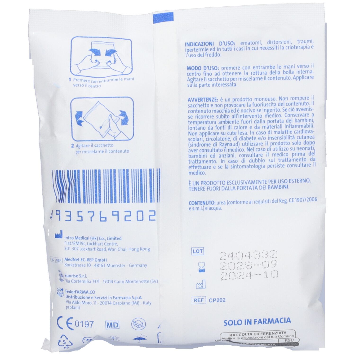 Retro della busta. Testo in italiano. Istruzioni, avvertenze, ingredienti. Numero di lotto e data di scadenza.