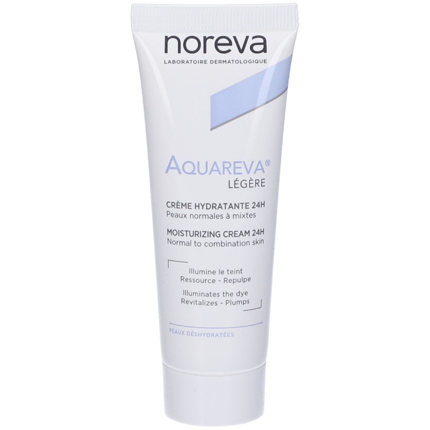 Tubo bianco con accento blu. Scritta: Noreva, Aquareva Légère, Crème Hydratante 24H. Per pelli normali e miste.