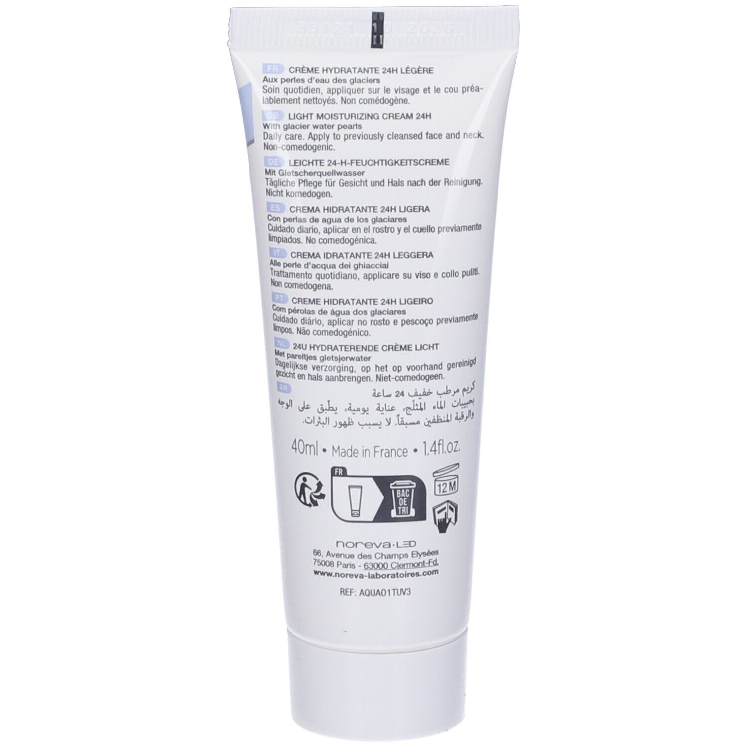 Retro del tubo. Testo multilingue. Scritta: Crème Hydratante 24H Légère, Light Moisturizing Cream 24H.