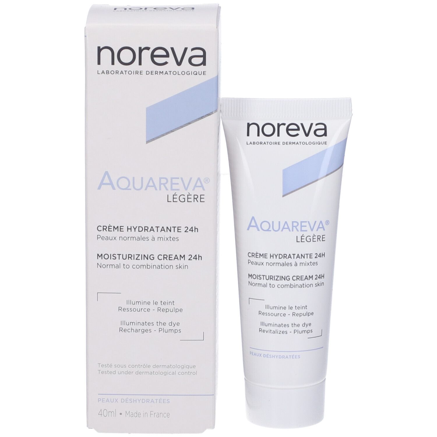 Confezione e tubo. Scritta: Noreva, Aquareva Légère, Crème Hydratante 24H. Per pelli normali e miste. 40ml.