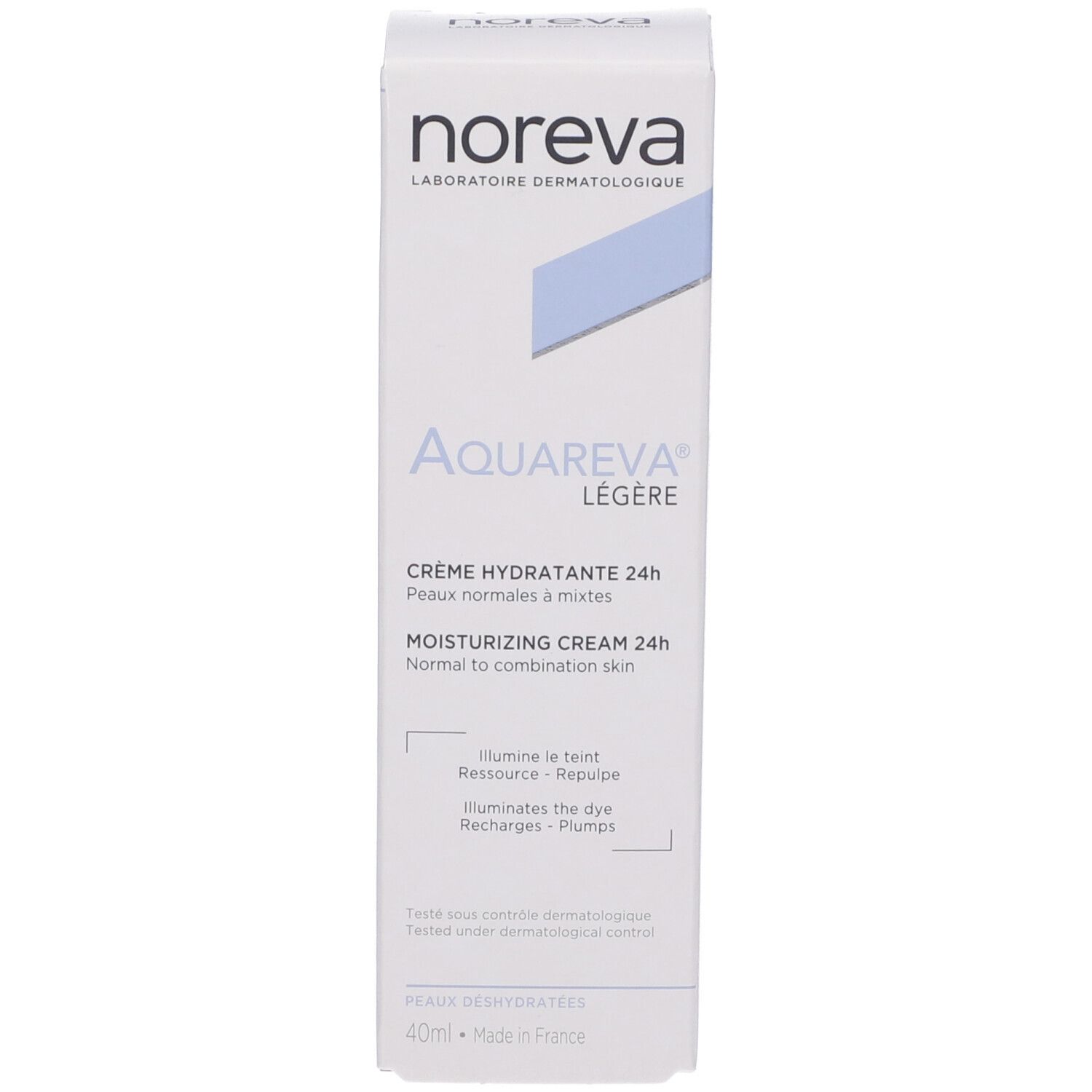 Confezione del prodotto. Scritta: Noreva, Aquareva Légère, Crème Hydratante 24H. Per pelli normali e miste. 40ml.
