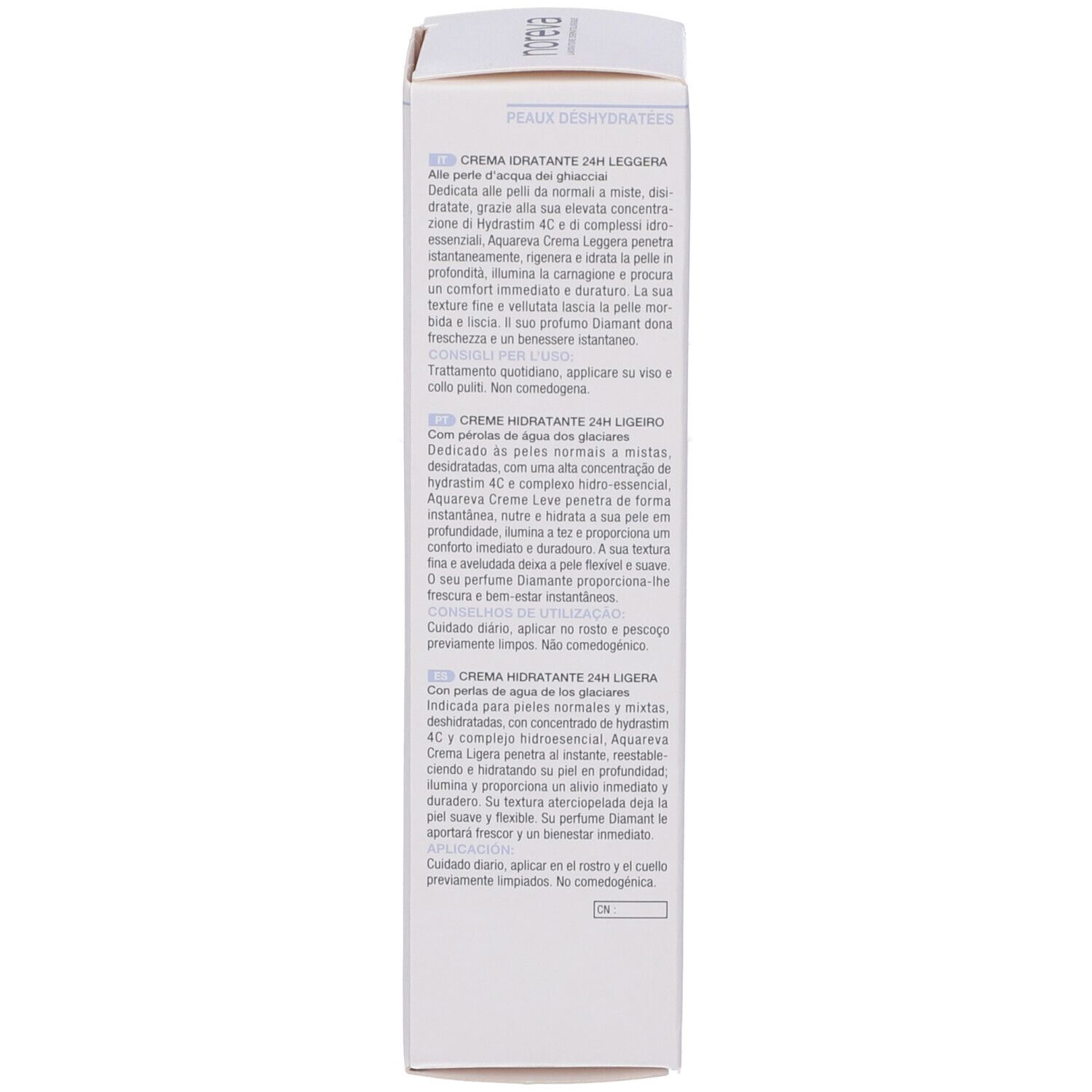Retro della confezione. Testo multilingue. Scritta: Crème Hydratante 24H Légère, Light Moisturizing Cream 24H.