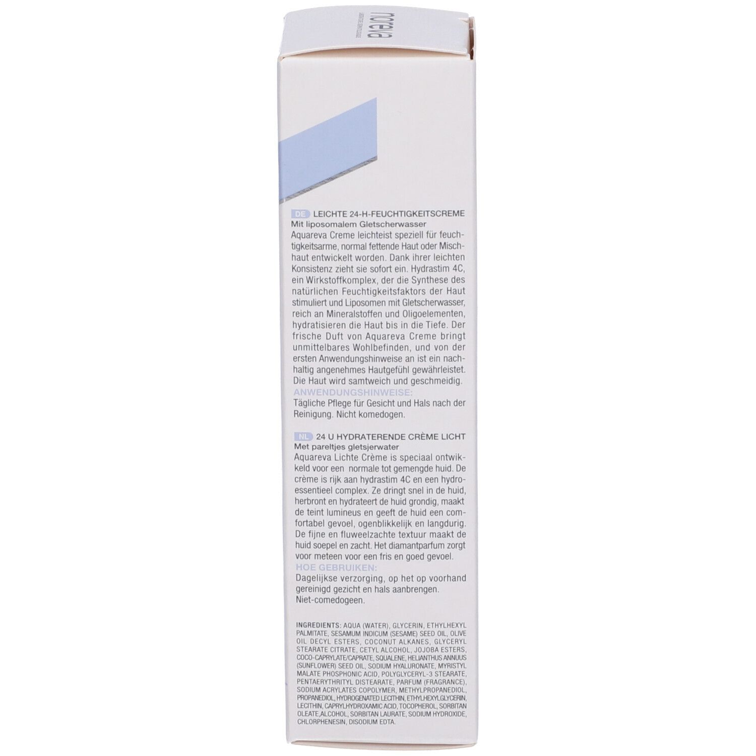 Retro della confezione. Testo multilingue. Scritta: Crème Hydratante 24H Légère, Light Moisturizing Cream 24H.