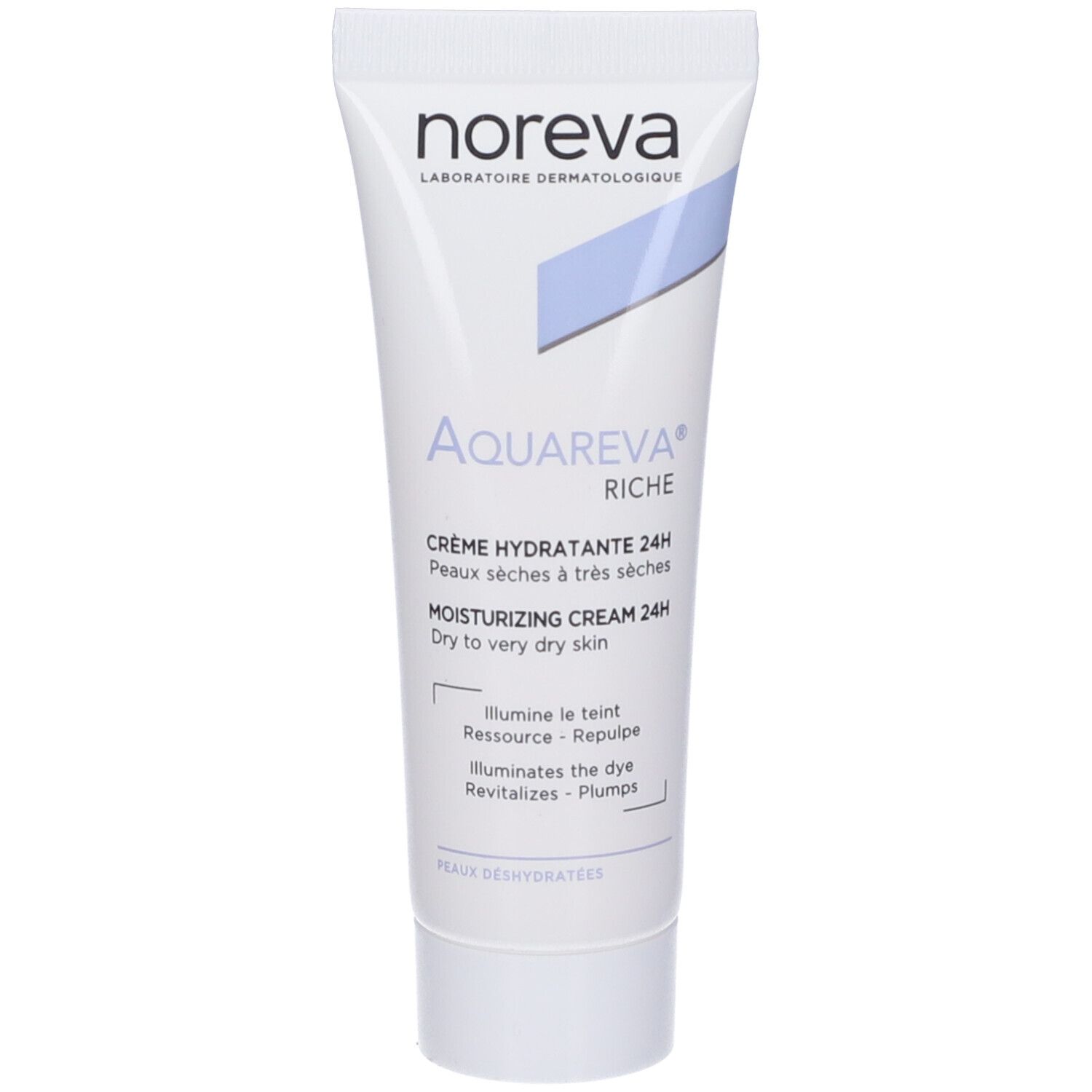 Tubo bianco con accento blu. Testo: Noreva, Aquareva Riche, Crema Idratante 24H. Per pelli secche a molto secche.
