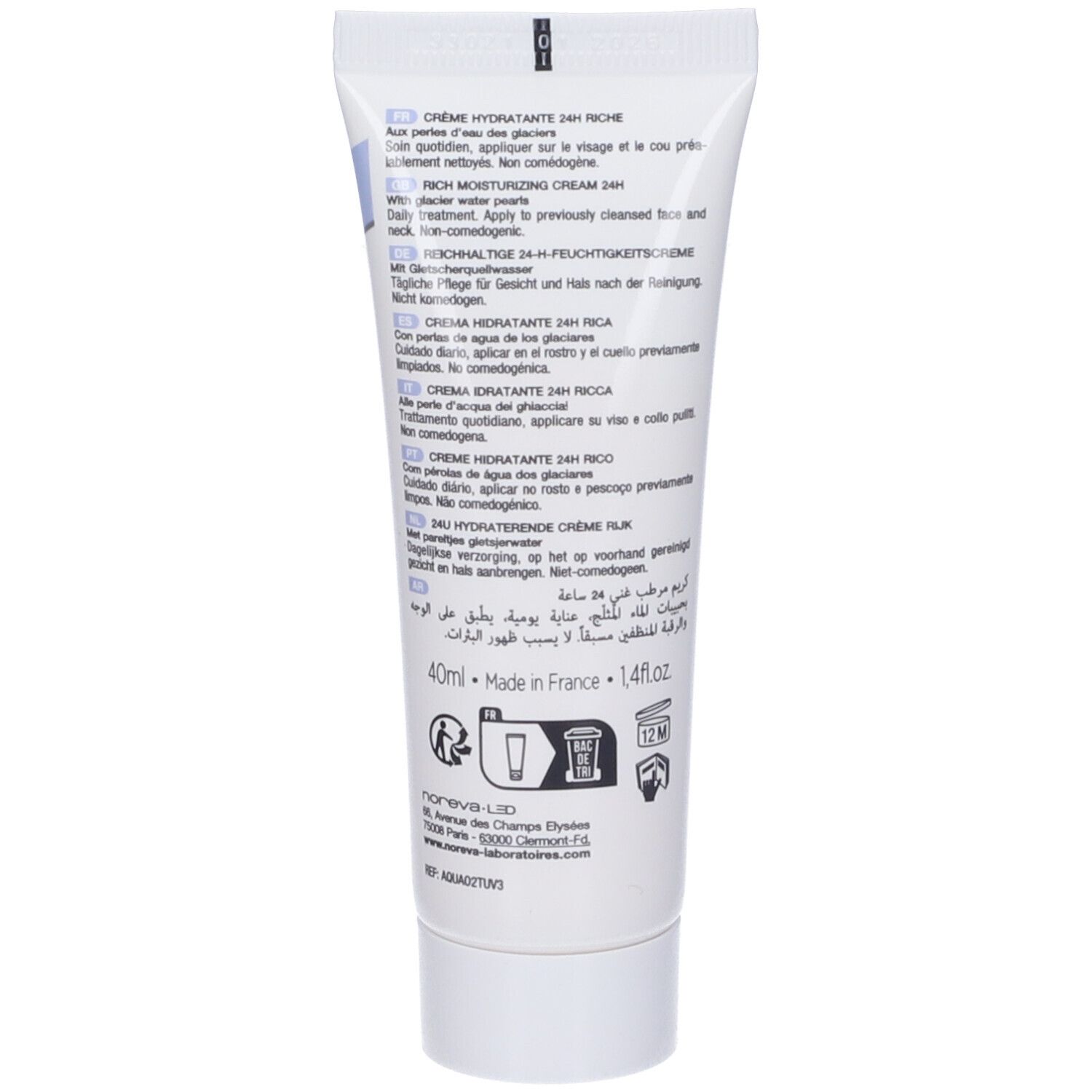 Retro del tubo. Testo: Crema Idratante 24H Rica, Rich Moisturizing Cream 24H, Crème Hydratante 24H Riche, etc. 40ml.