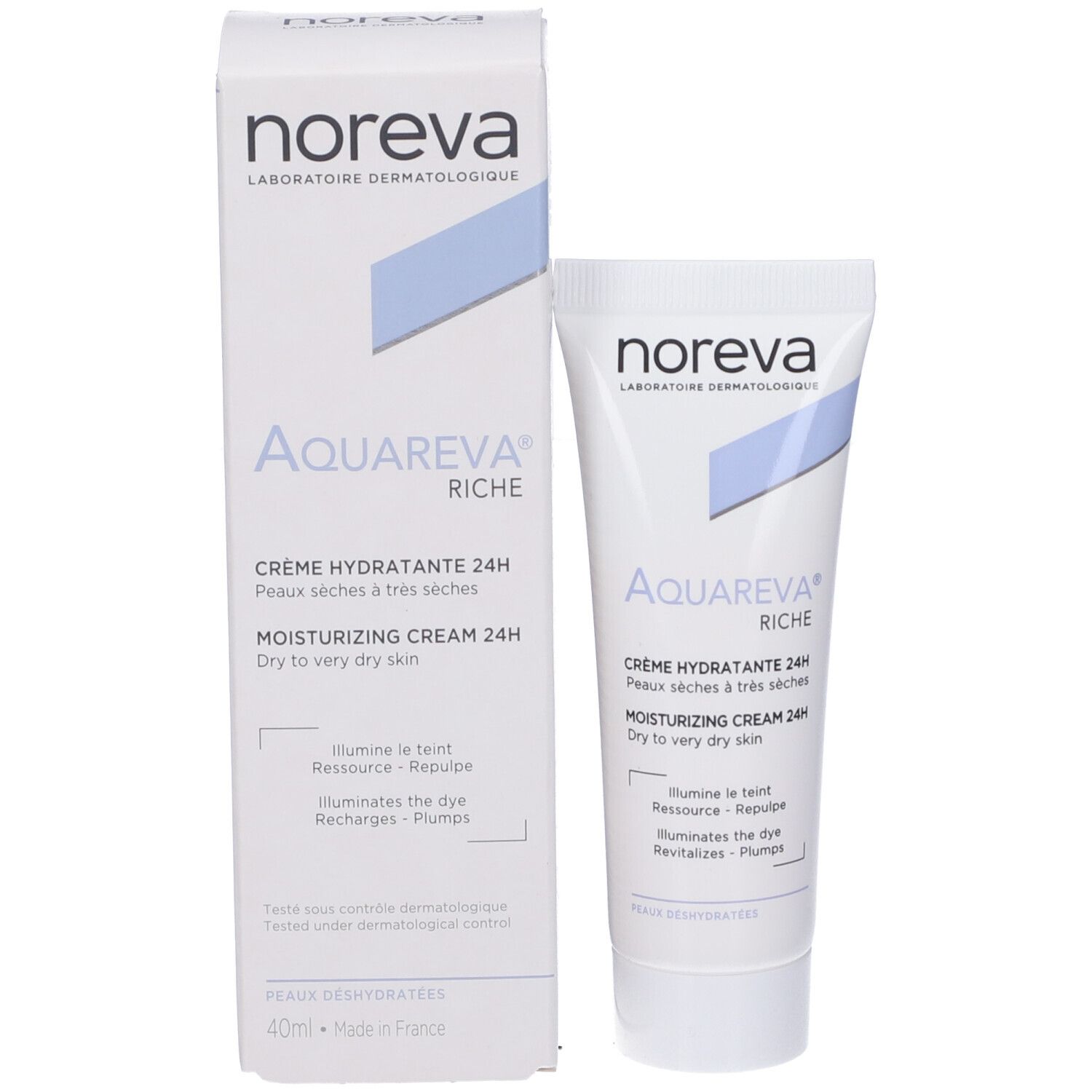 Confezione del prodotto: tubo e scatola. Testo: Noreva, Aquareva Riche, Crema Idratante 24H. Per pelli secche a molto secche. 40ml.