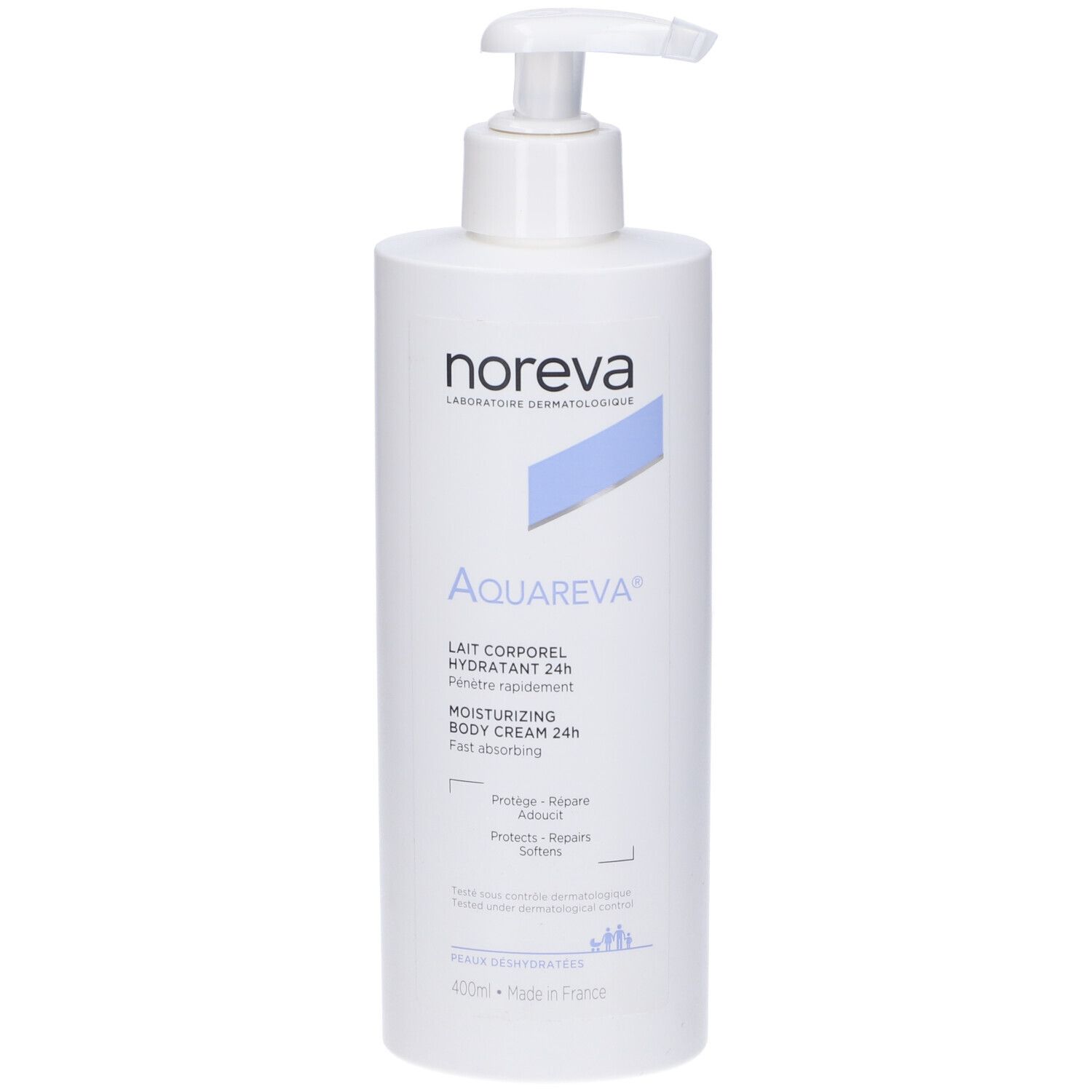 Flacone bianco con dosatore. Scritta: Noreva Aquareva®, Lait Corporel Hydratant 24h. Dettagli blu.