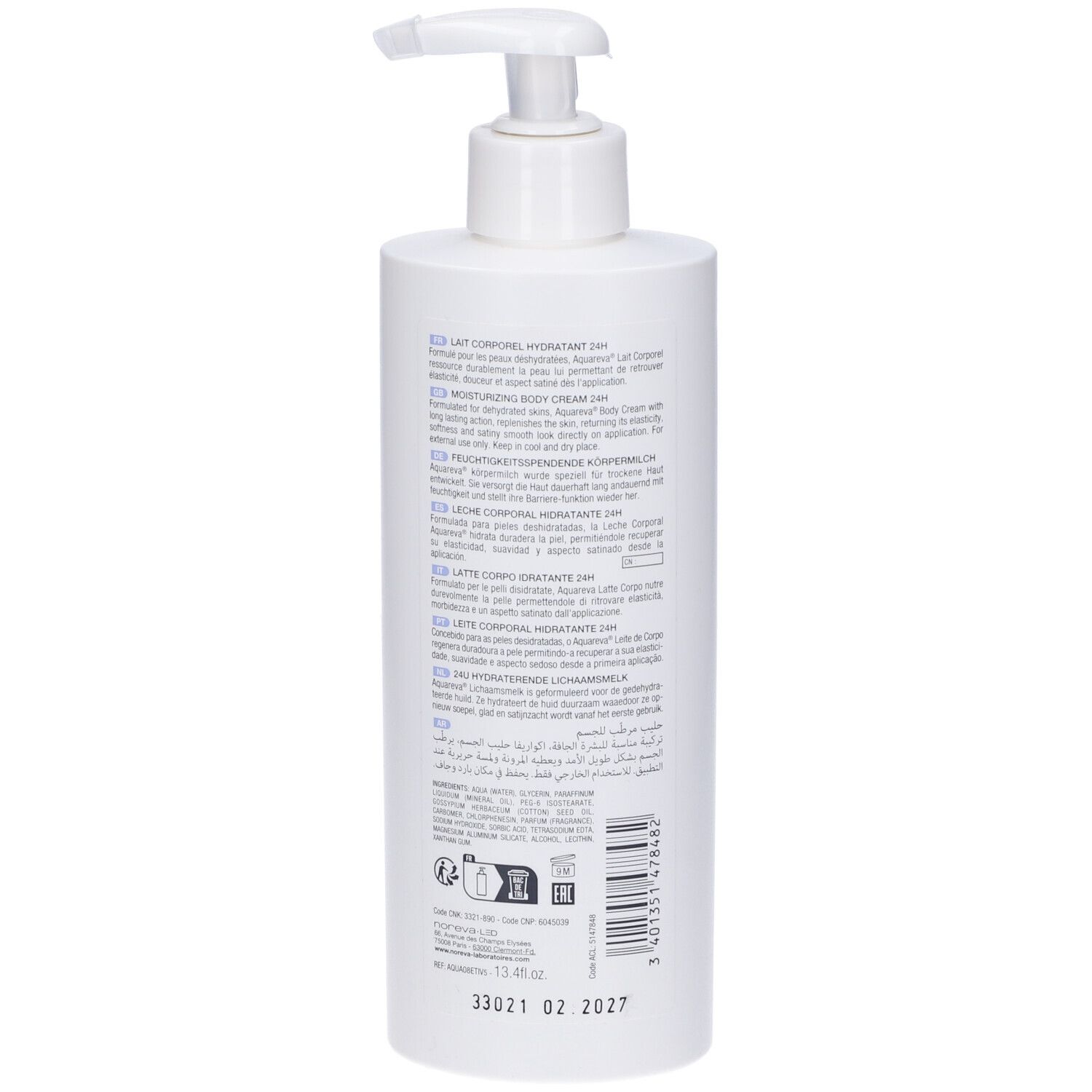 Retro di flacone bianco con dosatore. Testo multilingue. Scritta: Noreva Aquareva®.