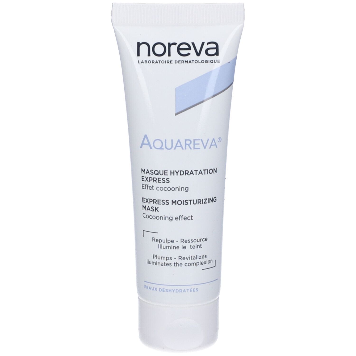 Tubo bianco con accento blu. Scritta: Noreva, Aquareva, Maschera idratazione express. Per pelli disidratate.