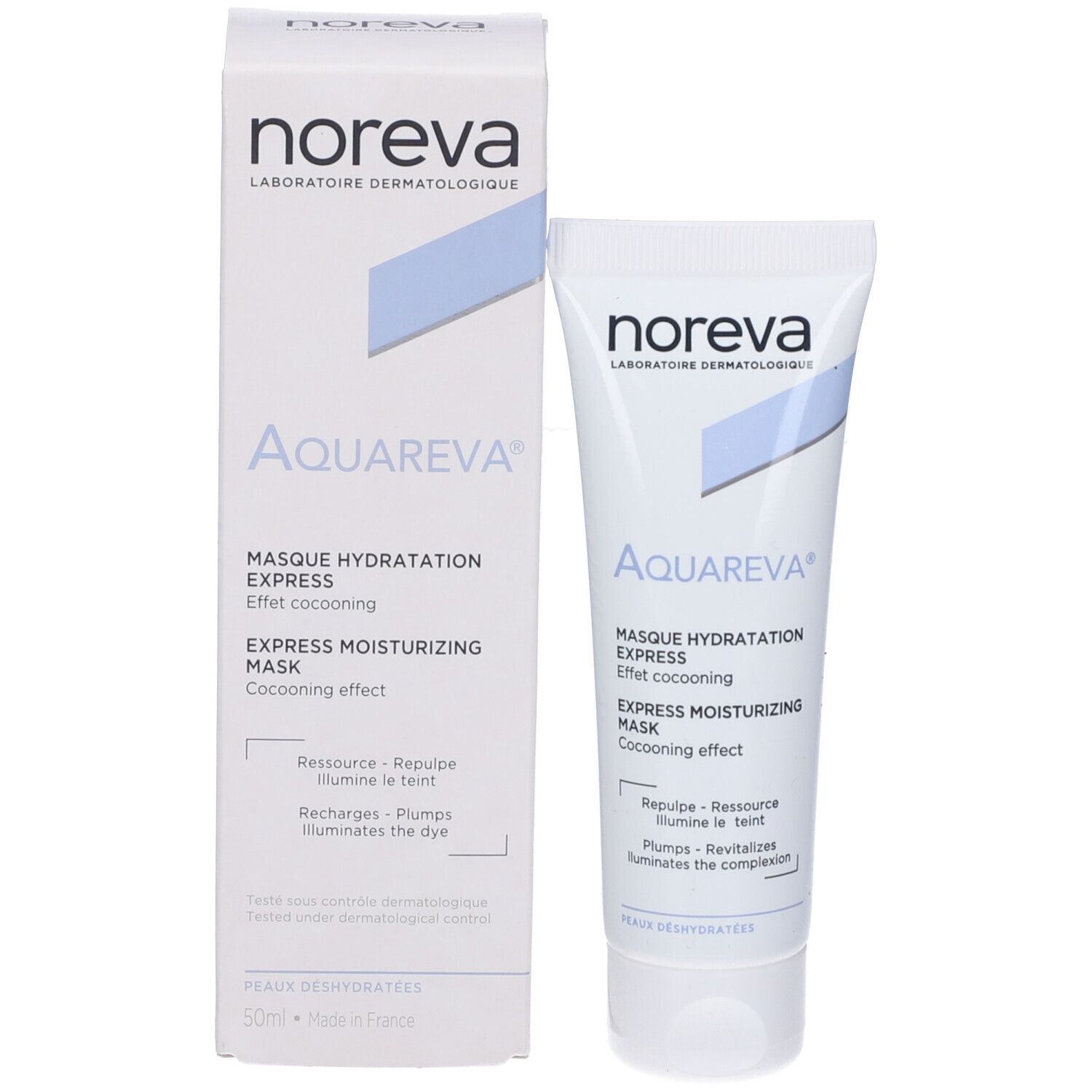 Confezione del prodotto con tubo e scatola. Scritta: Noreva, Aquareva, Maschera idratazione express. Per pelli disidratate.