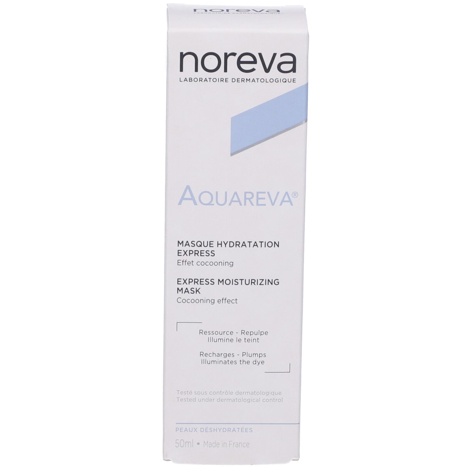 Confezione in cartone. Scritta: Noreva, Aquareva, Maschera idratazione express. Per pelli disidratate. 50ml.