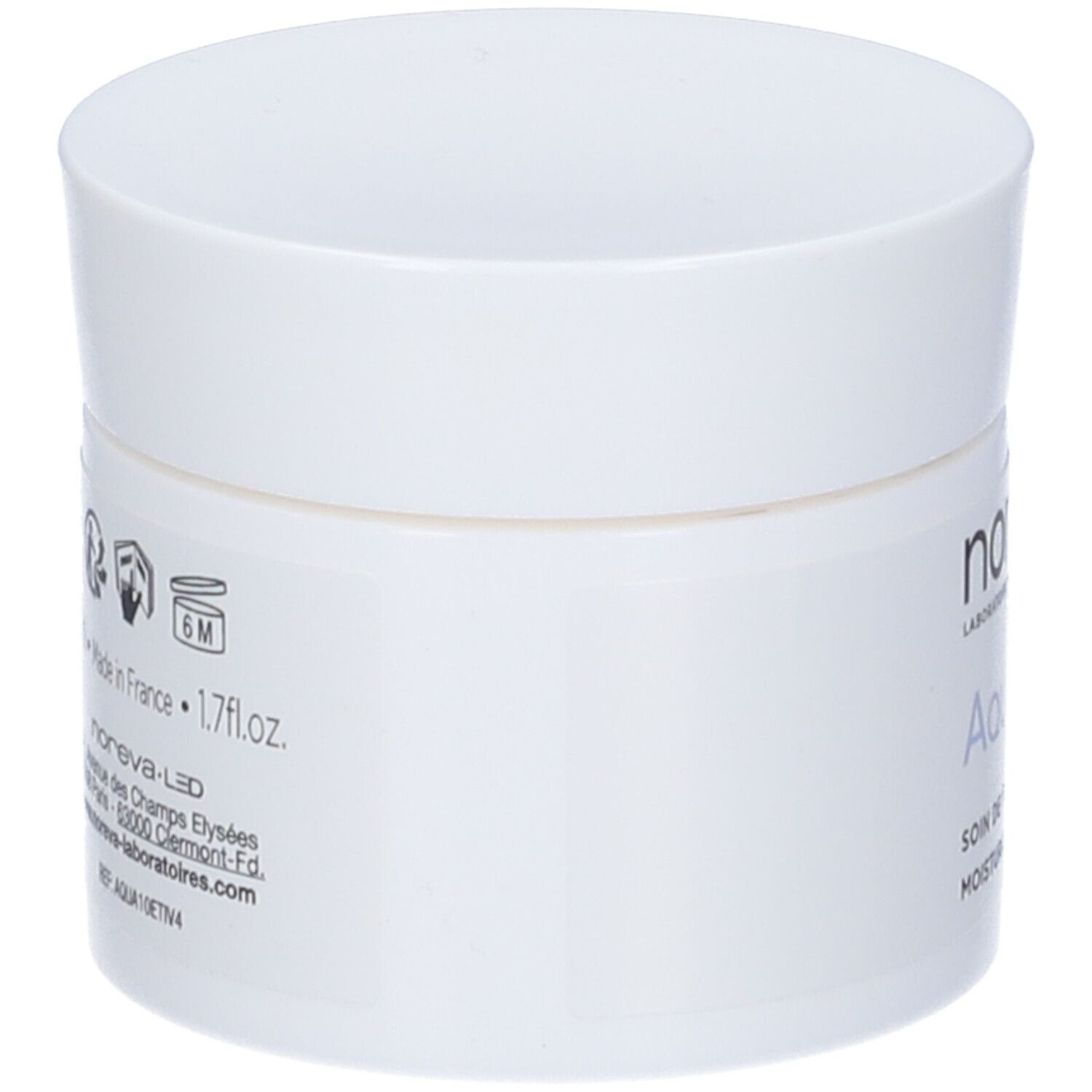 Vaso bianco con coperchio. Scritta: Noreva, Aquareva, Soin de nuit hydratant, Moisturizing night care.