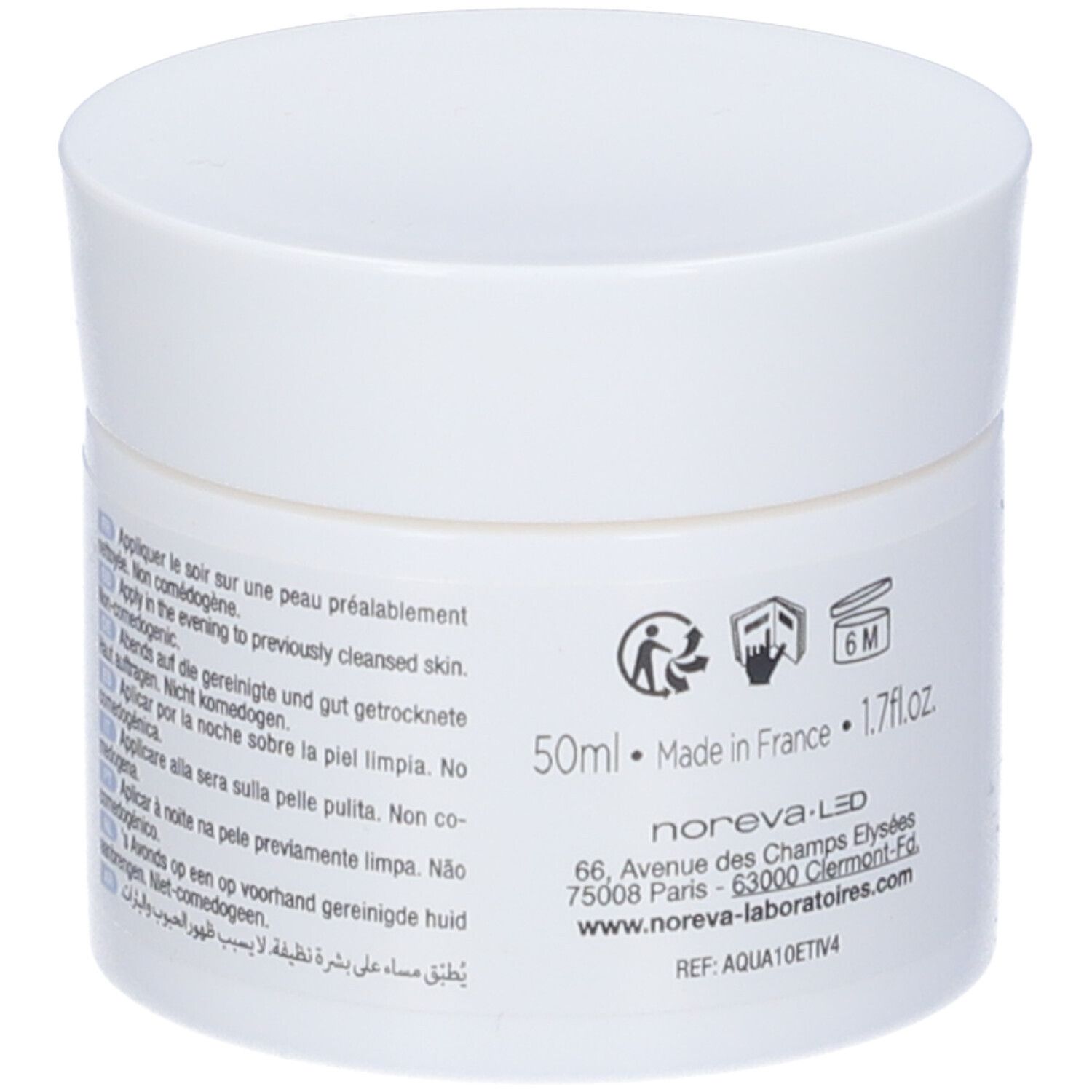 Vaso bianco con coperchio. Scritta: Noreva, Aquareva, Soin de nuit hydratant, Moisturizing night care.