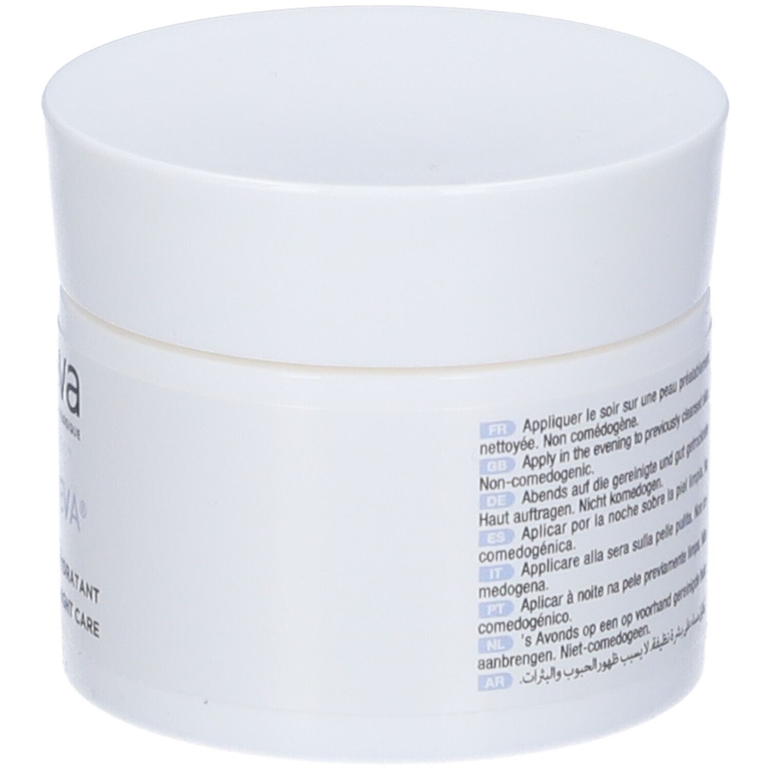 Vaso bianco con coperchio. Scritta: Noreva, Aquareva, Soin de nuit hydratant, Moisturizing night care.