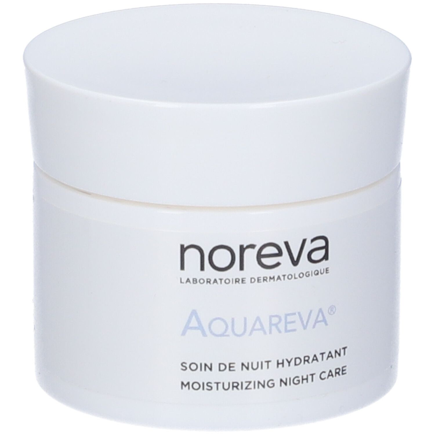 Vaso bianco con coperchio. Scritta: Noreva, Aquareva, Soin de nuit hydratant, Moisturizing night care.