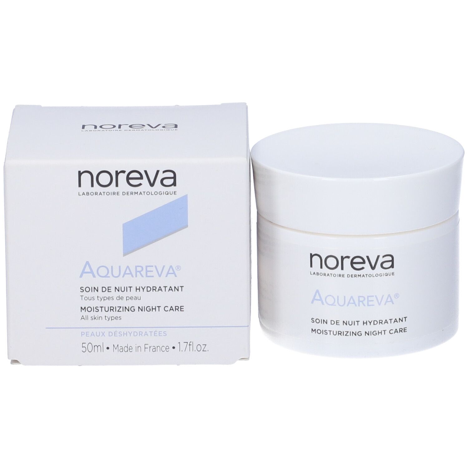 Confezione del prodotto: vaso e scatola. Scritta: Noreva, Aquareva, Soin de nuit hydratant, Moisturizing night care.