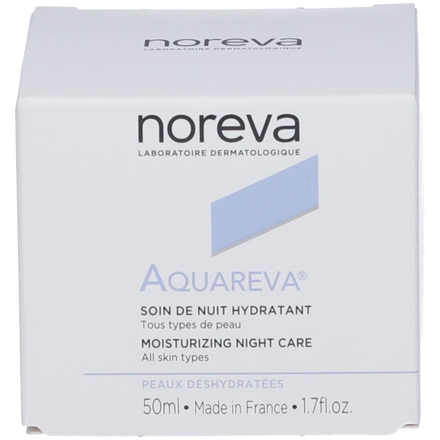 Confezione del prodotto: scatola. Scritta: Noreva, Aquareva, Soin de nuit hydratant, Moisturizing night care.