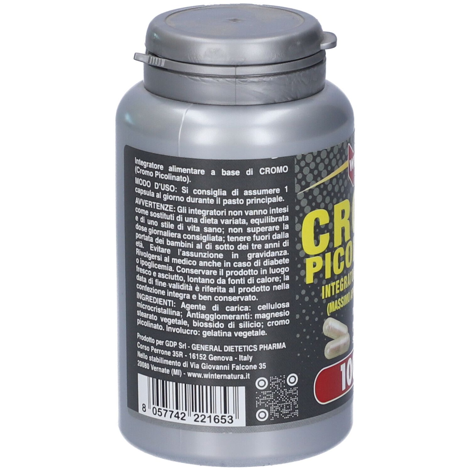 Retro di un flacone grigio. Testo: Cromo Picolinato, ingredienti, modo d'uso. Scadenza: 04/2027.