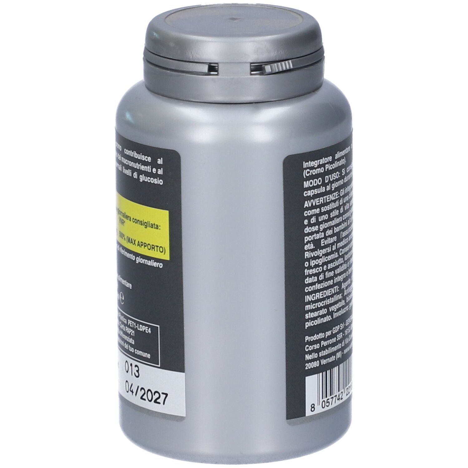Flacone grigio, vista laterale. Testo: Cromo Picolinato, scadenza: 04/2027.