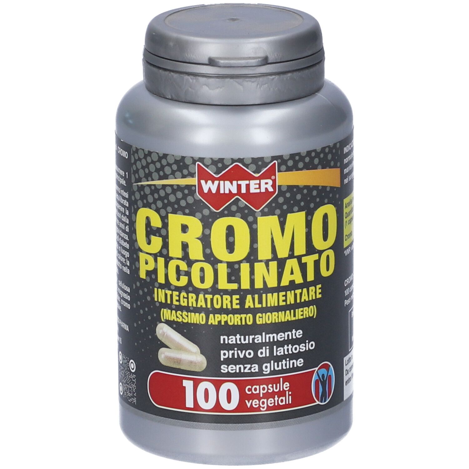 Flacone grigio con capsule. Scritta: WINTER Cromo Picolinato, 100 capsule vegetali. Contiene informazioni sull'analisi.