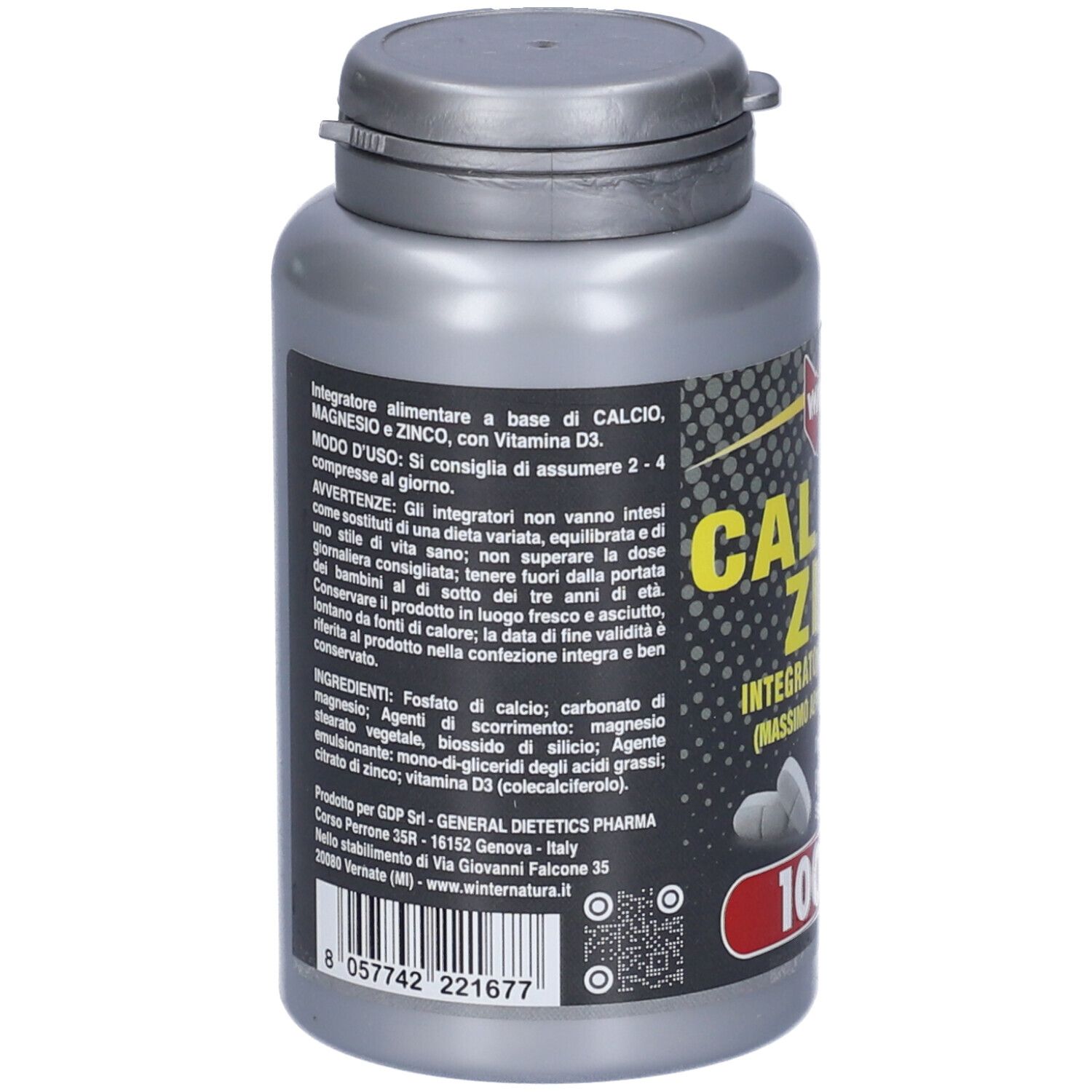 Retro del flacone grigio CAL MAG ZINC. Informazioni su ingredienti e uso.