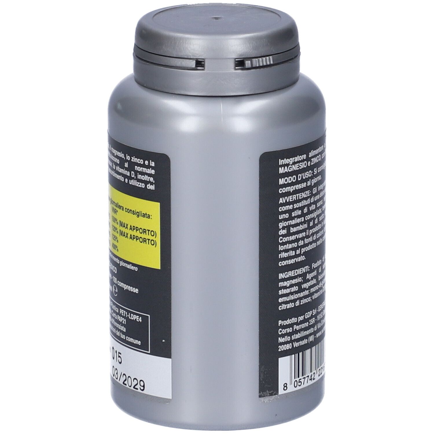 Flacone grigio CAL MAG ZINC. Vista laterale con informazioni. Contiene 100 compresse.