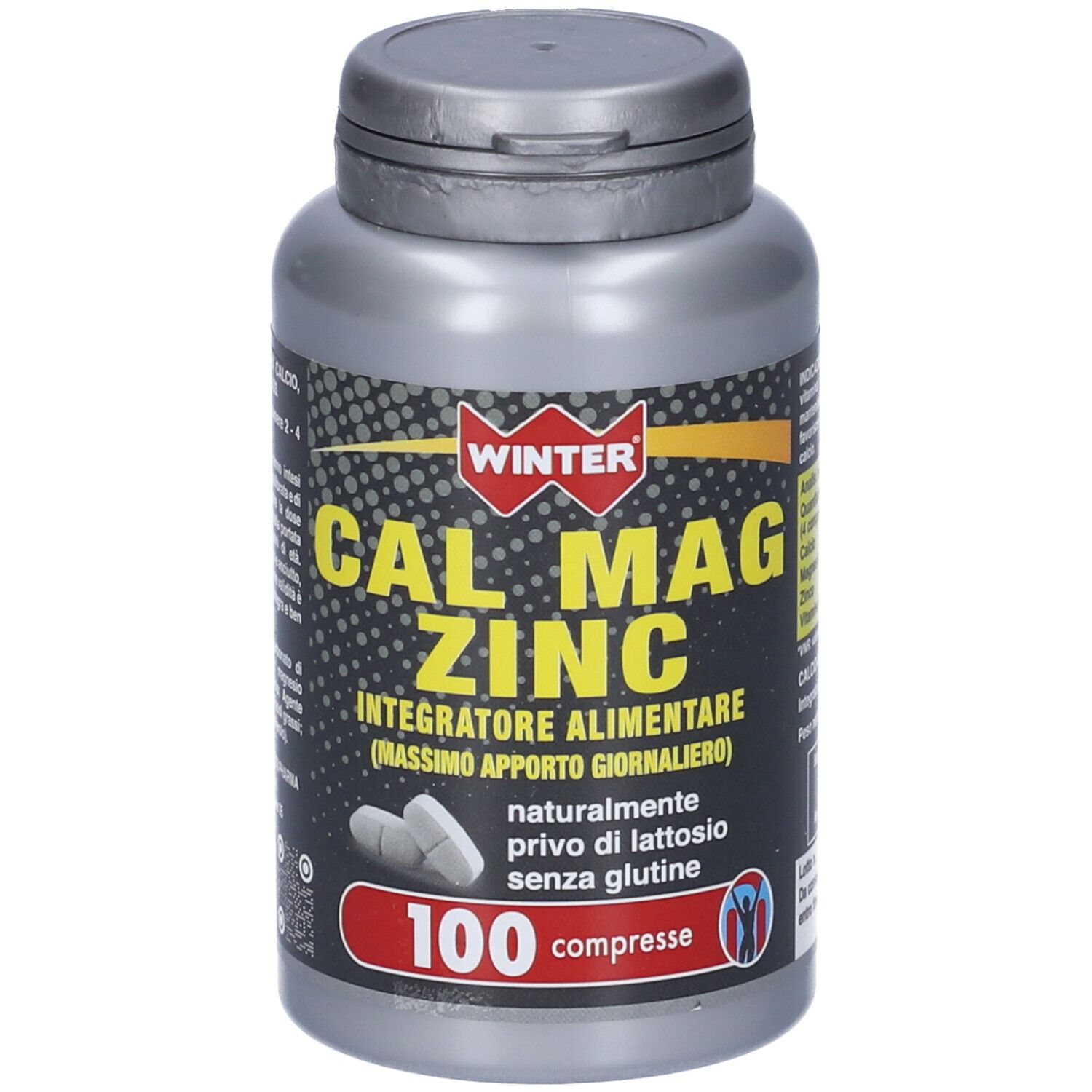 Flacone grigio CAL MAG ZINC. Contiene 100 compresse. Con informazioni nutrizionali.