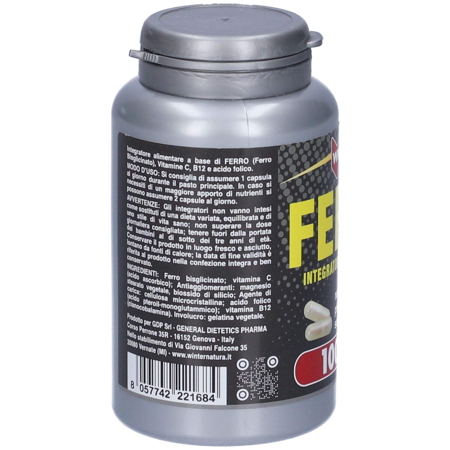 Retro del flacone grigio. Testo: ingredienti, modo d'uso, avvertenze. Codice QR e codice a barre. Informazioni del produttore.