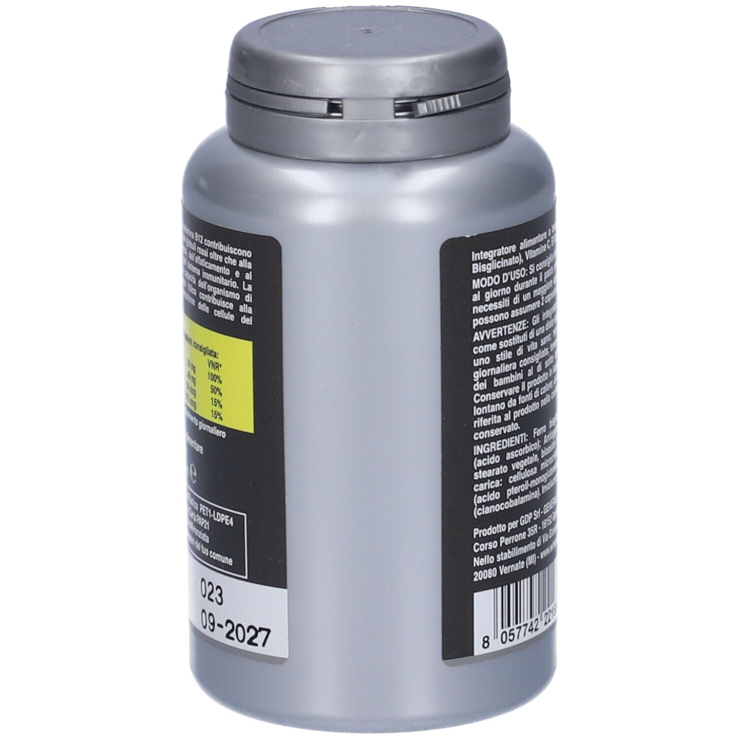 Flacone grigio, vista laterale. Testo: ingredienti, data di scadenza. Informazioni del produttore. Etichetta con banda gialla.