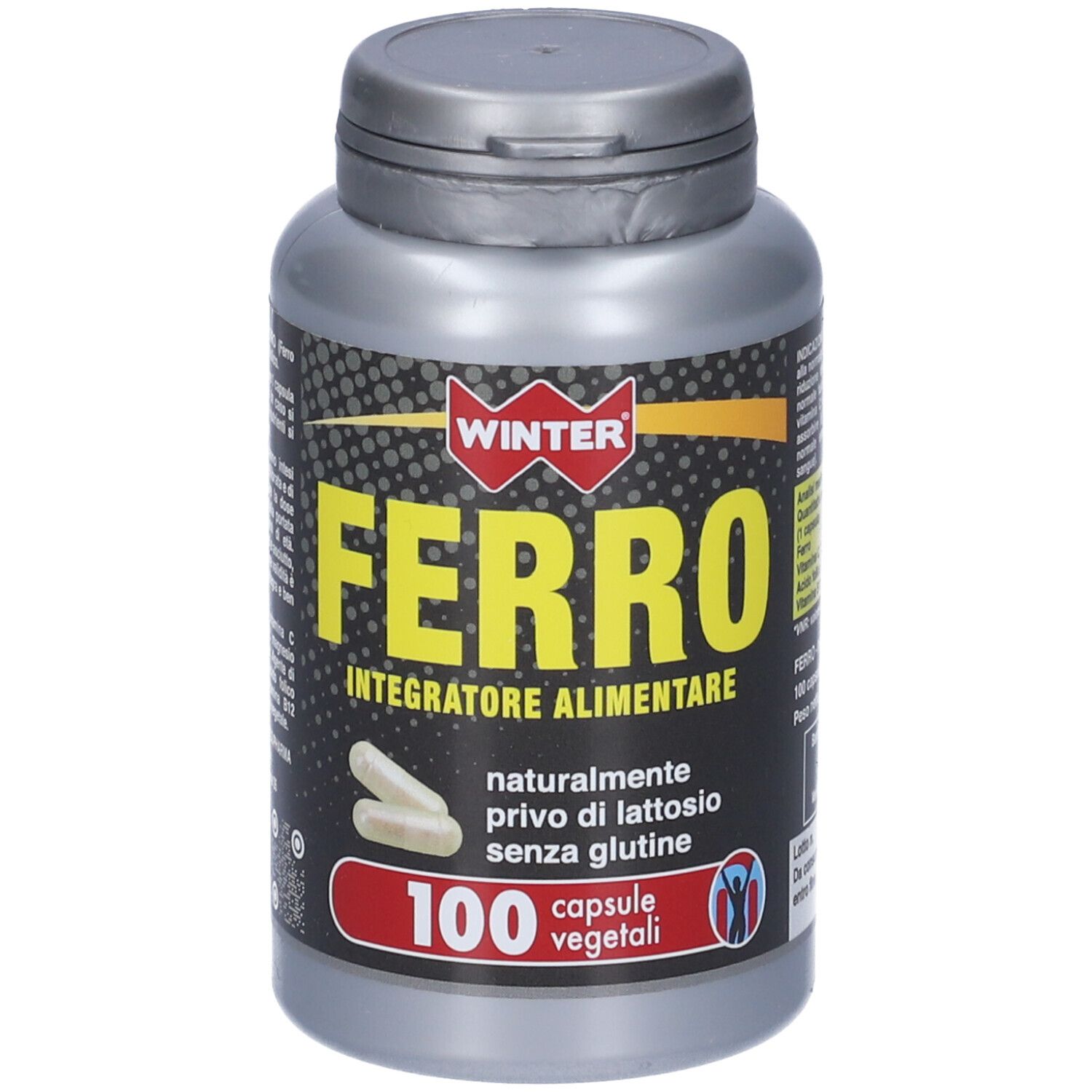 Flacone grigio con capsule. Scritta: WINTER, FERRO, Integratore Alimentare. 100 capsule vegetali. Senza lattosio e senza glutine.